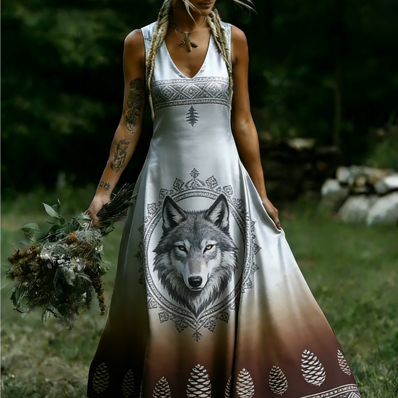 Retro Wolf & Print -line Dress - Hand-painted -neck Sleeveless Skirt Dress With Waist Accent, Brown/white Gradient Suitable For Daily Wear, Vacation Outfits, Machine Washable Wild Dress