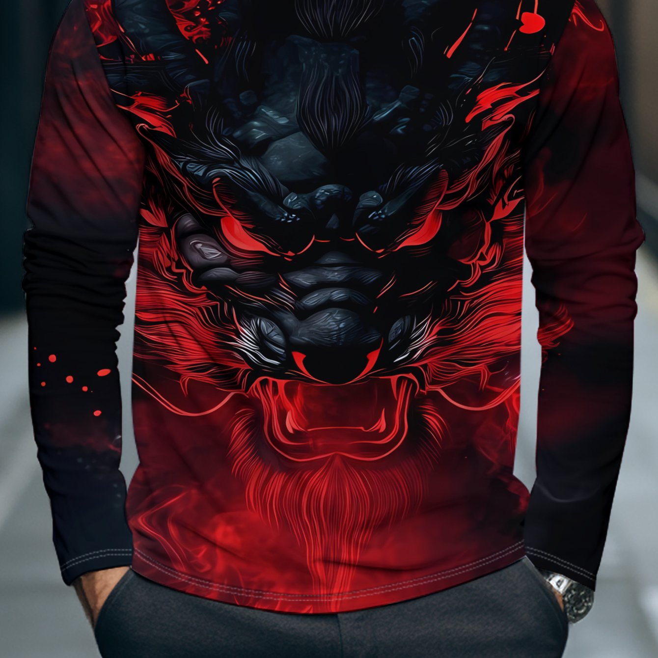 TEMU Men's Long-sleeve Top In A Red And Black Color Scheme, Featuring A Red Pattern Of A Black Dragon, With A Cool Design