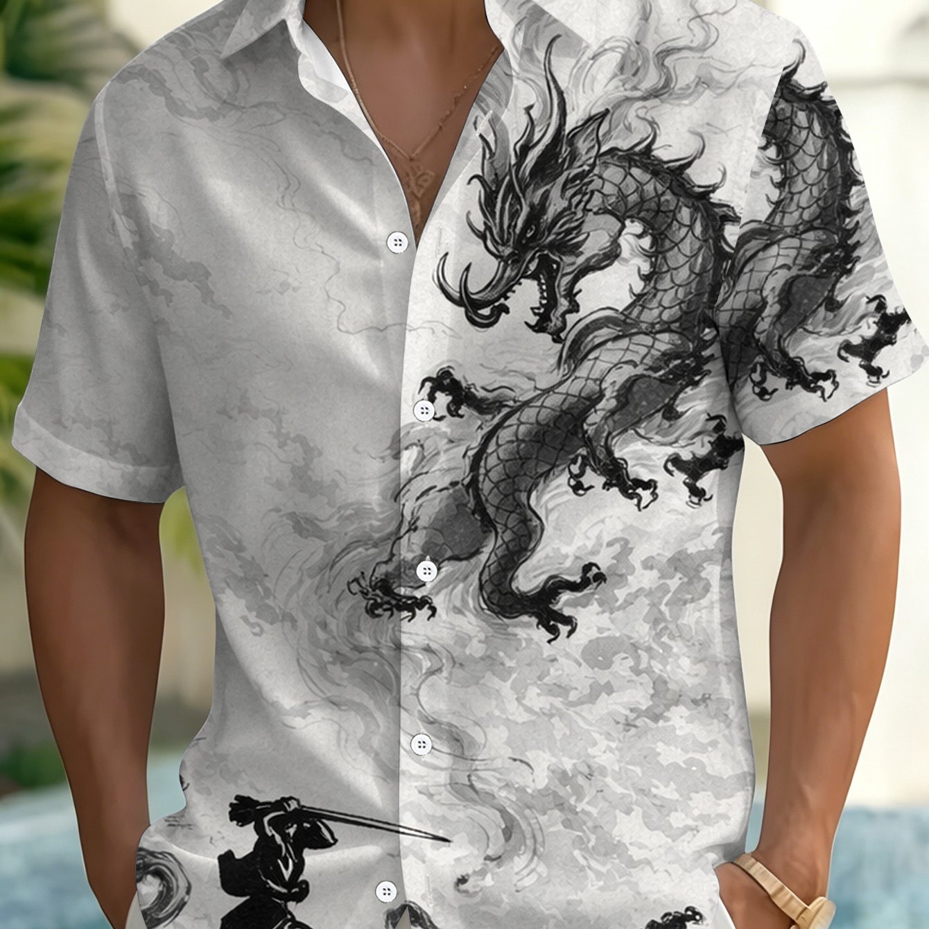 TEMU Summer Casual Short Sleeve Shirt Men's Fashion Loose Short Sleeve Printed Design – Not Textured Formal Short Sleeve Black And Duel Travel