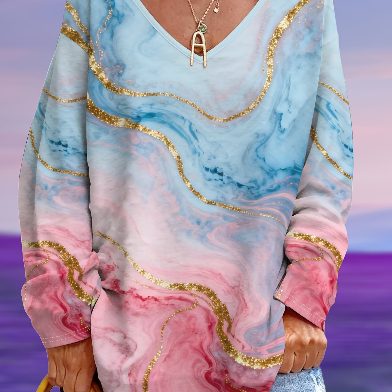 TEMU Plus Size - Plus Size - Plus Size Women's Loose V-neck T-shirt With A Pink-blue Gradient And Golden Patterns, A That And Conceals