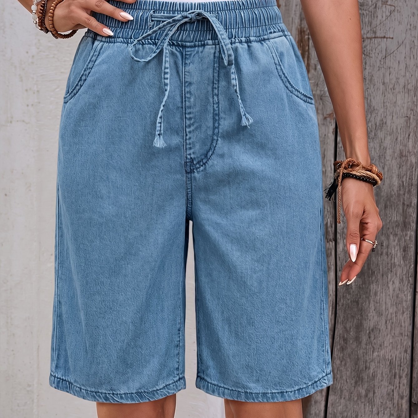 TEMU Women's Denim-like Shorts, Breathable Comfortable Non-stretch Fabric With Elastic Waistband And Drawstring, Casual Versatile For Vacation And