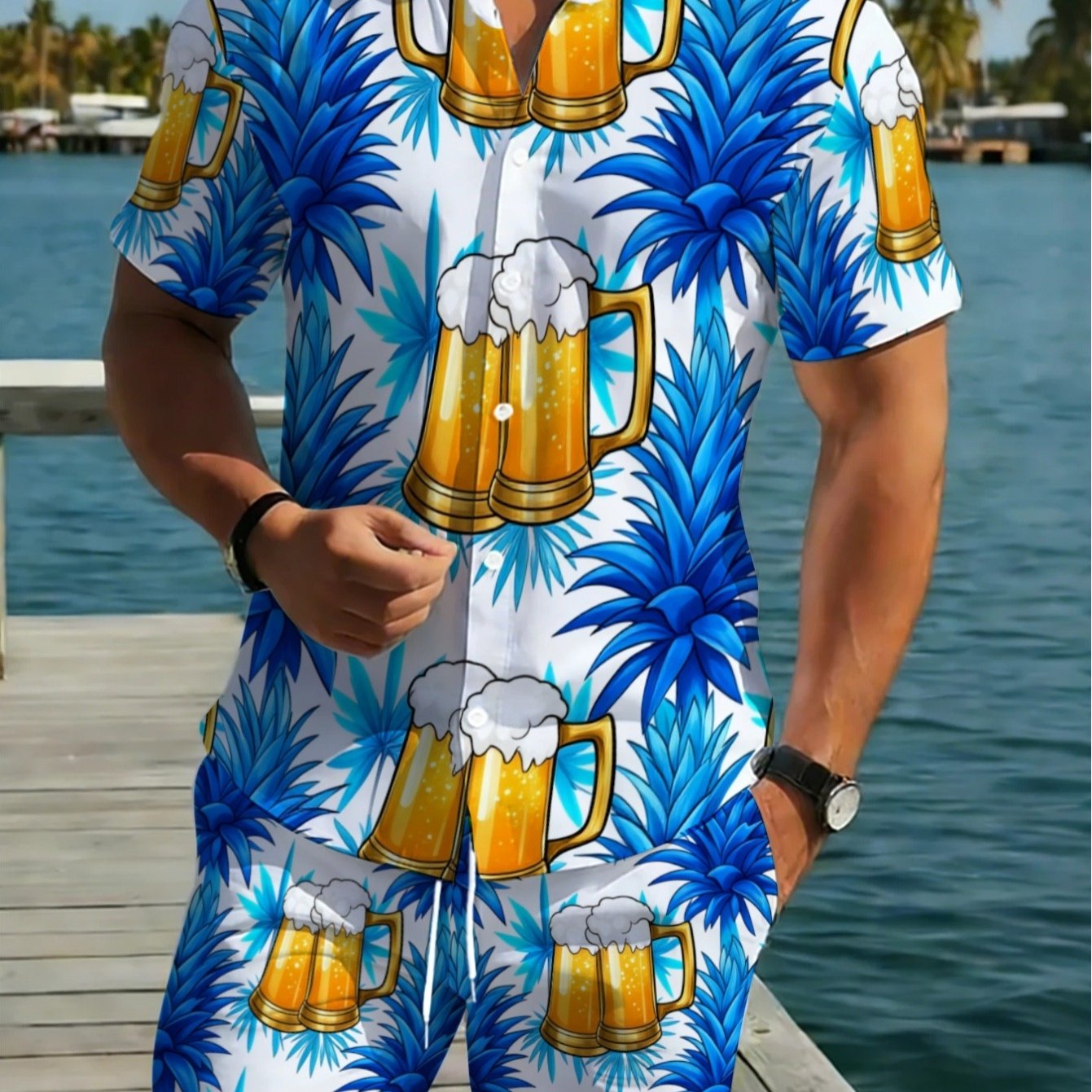 TEMU Print Design-not Textured]2026 Summer 's Plus Size Shirt And Shorts Set Men's Beer Print Hawaiian Shirt And Shorts Set, Casual Outfit, Suitable