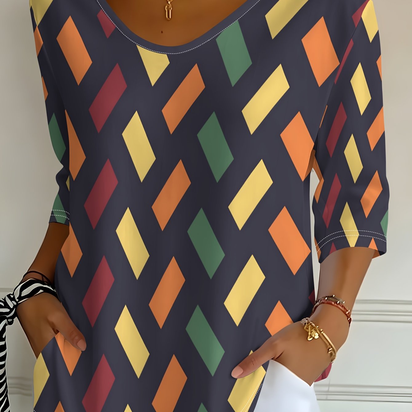 TEMU Women's Vintage Twill Geometric Dark Base Colorful Print V-neck Three-quarter Sleeve T-shirt, Spring/autumn Casual Top