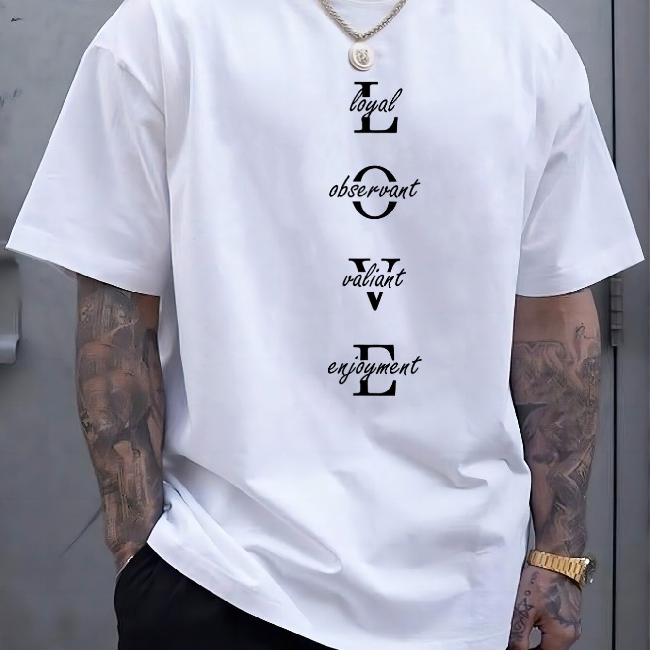TEMU 1pc Awesome Men' Cotton T-shirt With "love" Slogan Print - Crew Neck, Short Sleeve, Regular Fit, 220gsm, Casual Wear - Valentine's Day, New Year's Day, Father's Day & Christmas