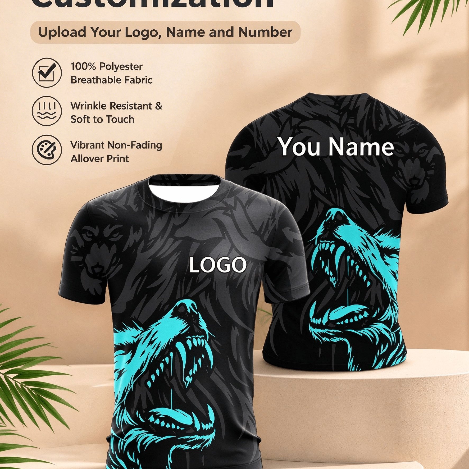TEMU Personalized Trendy Totem Crew Neck Sports Shirt, Full Customization With Name, Number & Pattern, Quick-dry Breathable Stylish Short Sleeve Top