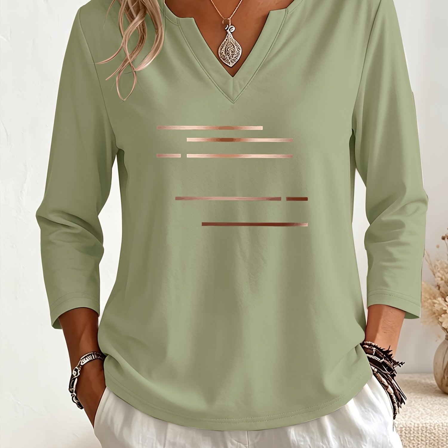 TEMU Exquisite Light Luxury Rose Golden Long Short Horizontal Line Pattern Printed V-neck Three-quarter Sleeve Base Layer Top, Soft And Breathable