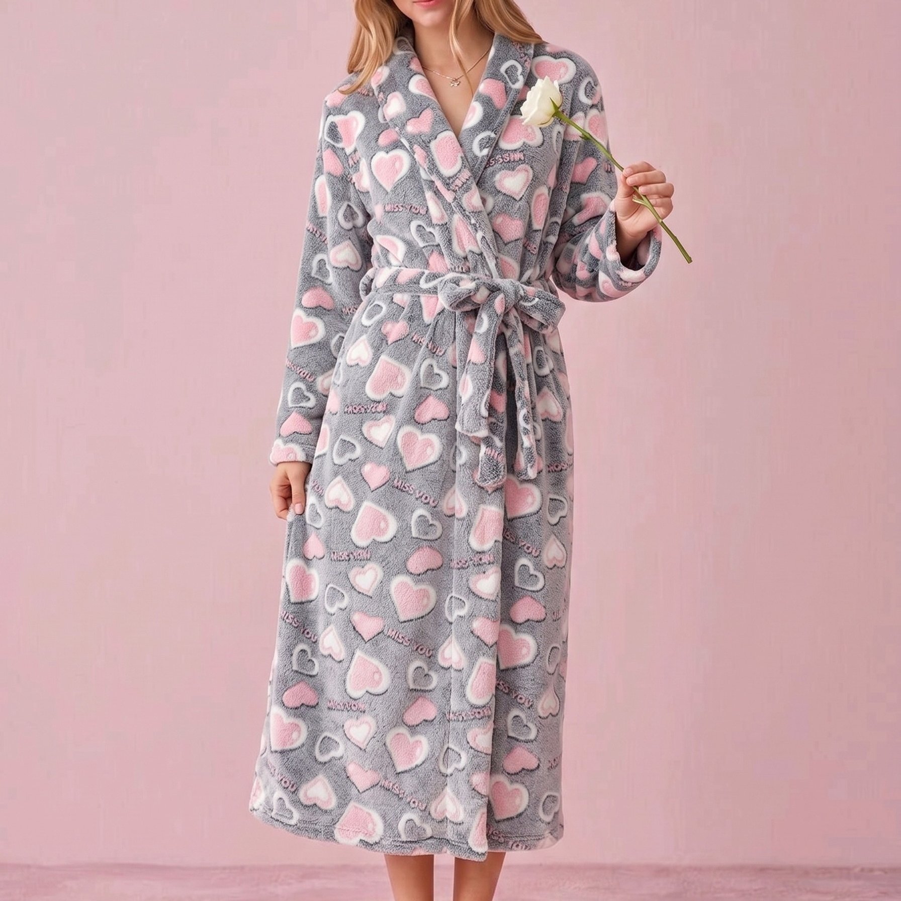 TEMU Heart-shaped Printed Nightgown For Autumn And Winter, Thick And Comfortable, Loose And Casual Sleepwear, Home Clothes, Waistband Style,