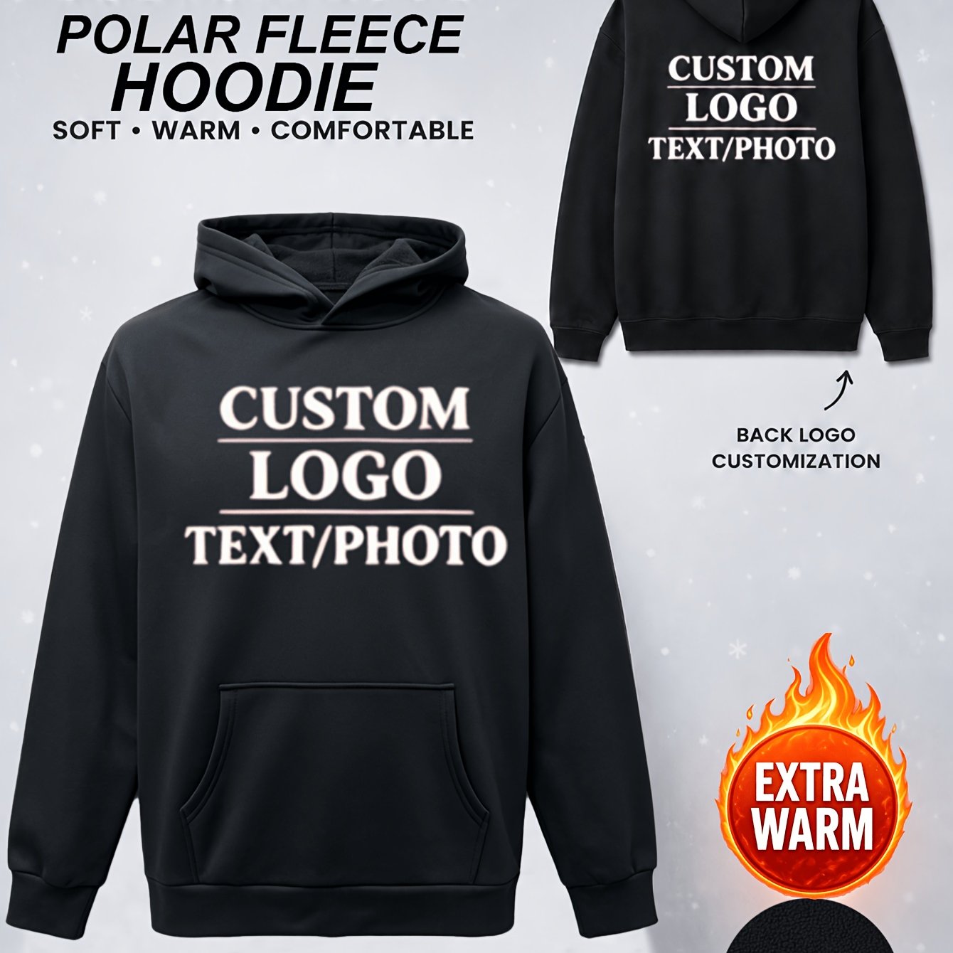 TEMU Custom Logo/text Autumn And Winter Polar Fleece-lined Warm Hooded Sweatshirt, Casual Warm Custom Team Sweatshirt With Kangaroo Pocket,
