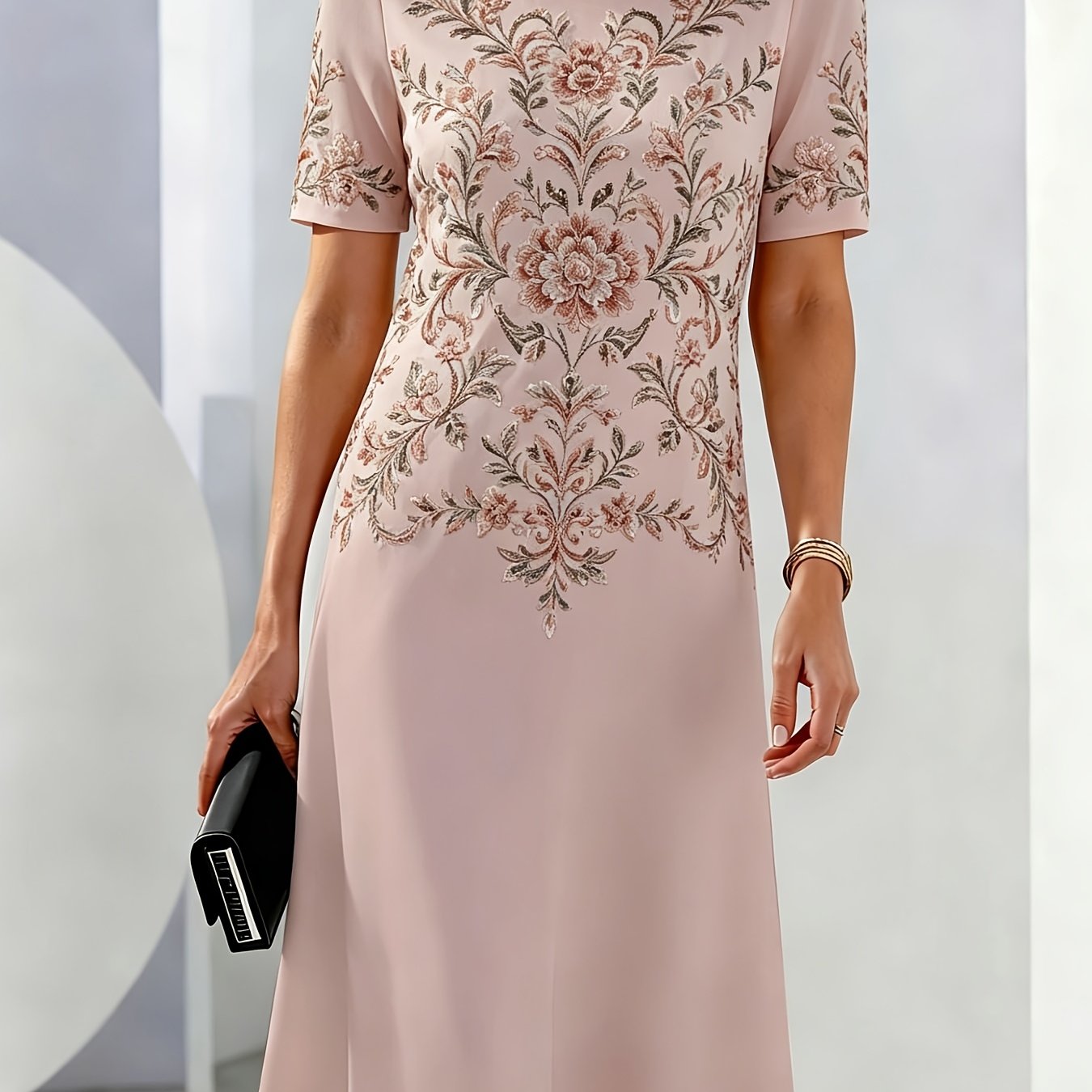 Image of Women's Elegant Light Pink A-line Mid Length Dress With Floral Print Short Sleeved Round Neck Design, Suitable For Formal Cocktail Parties And Wedding Guests