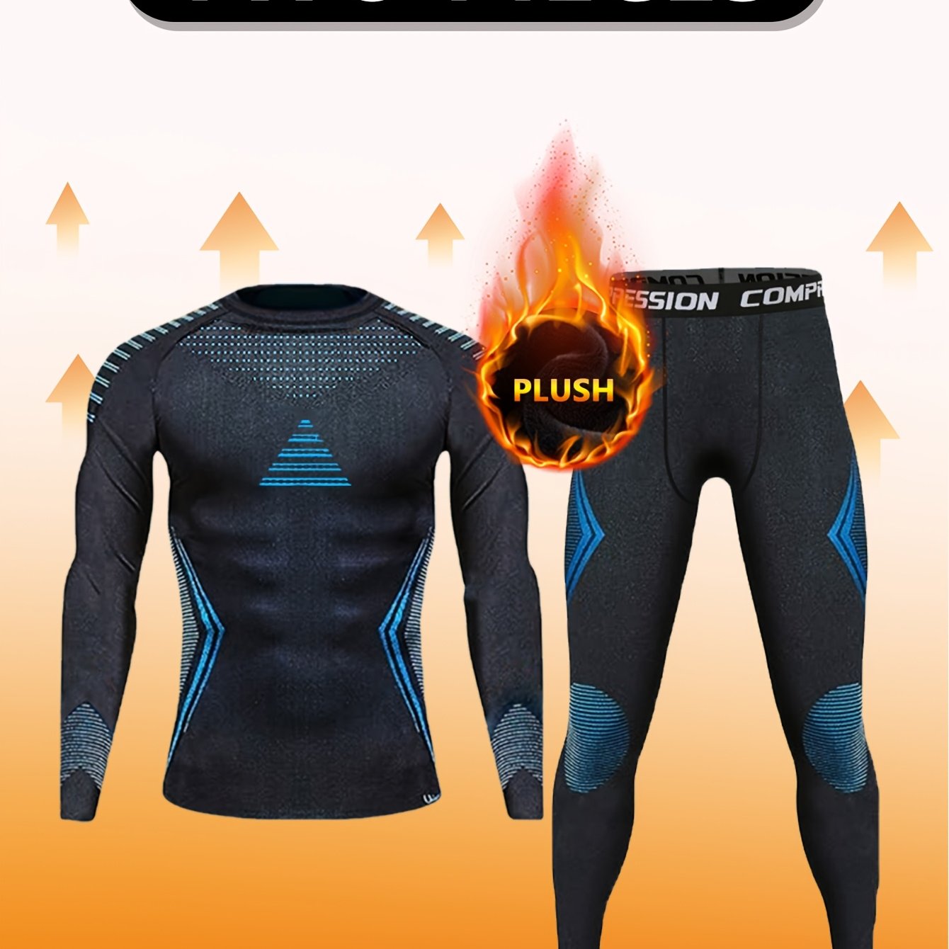 TEMU [starry] 2pcs Men's Thermal Compression Suit Set - Long Sleeve Top And Leggings, Fleece Lined, Geometric Pattern, Suitable For Skiing, Fitness,
