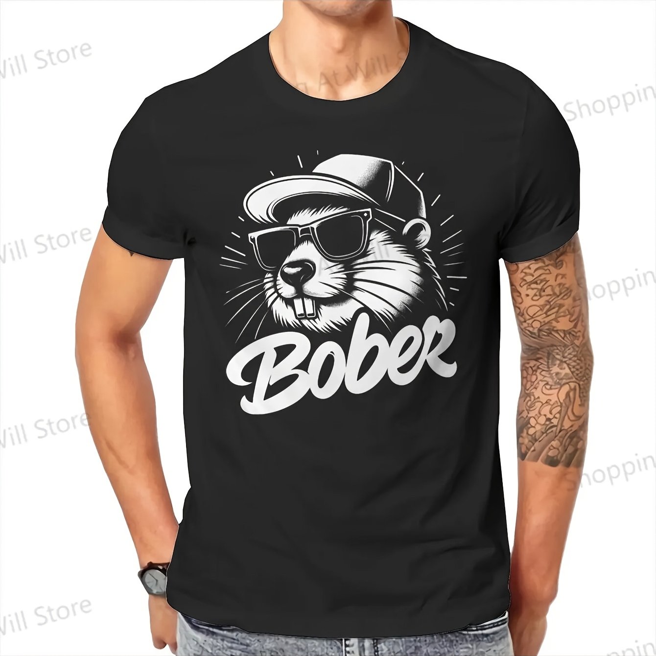 Image of Funny Cap Sunglasses And Golden Teeth Animal Men's Black Short Sleeve Round Neck T-shirt