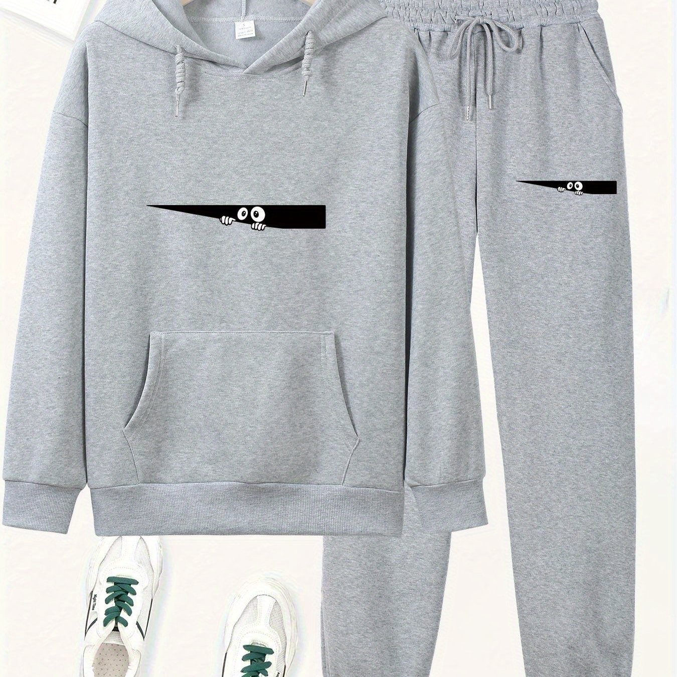 TEMU Cartoon Print Women's Casual Sports Suit, Sport Long Sleeve Kangaroo Pocket Sweatshirt Set, Women's Hooded Pocket Set