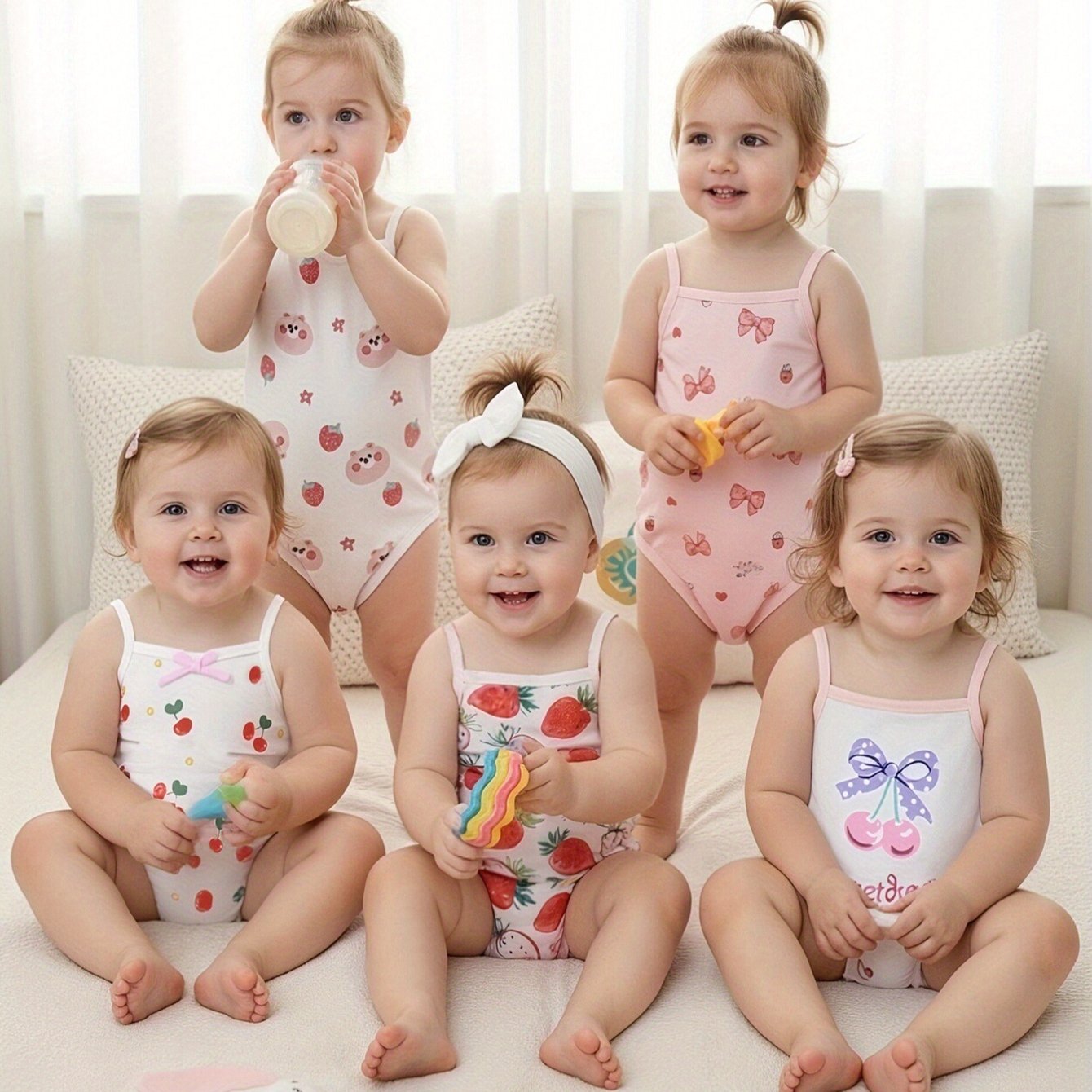 Spring/summer Toddler Girl Sweet And Cute Everyday Set, Cherry Bow + Strawberry Bear + Strawberry Bow, 5pcs Camisole Bodysuit Combo, Perfect For Gifting Or Outdoor , Perfect For Outdoor