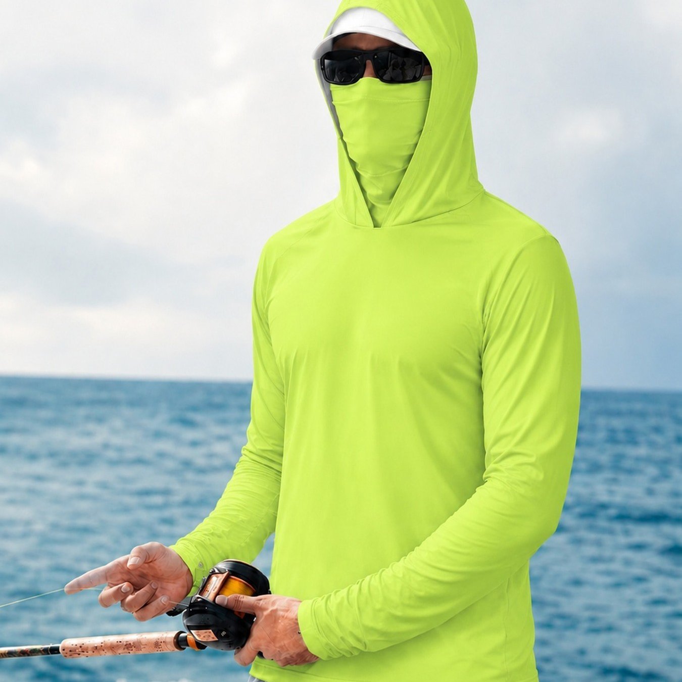 TEMU 1pc Men's Long Sleeve Hooded Fishing Shirt, Lime Green Solid Color, Polyester, Sporty , For Fishing And Outdoor Activities