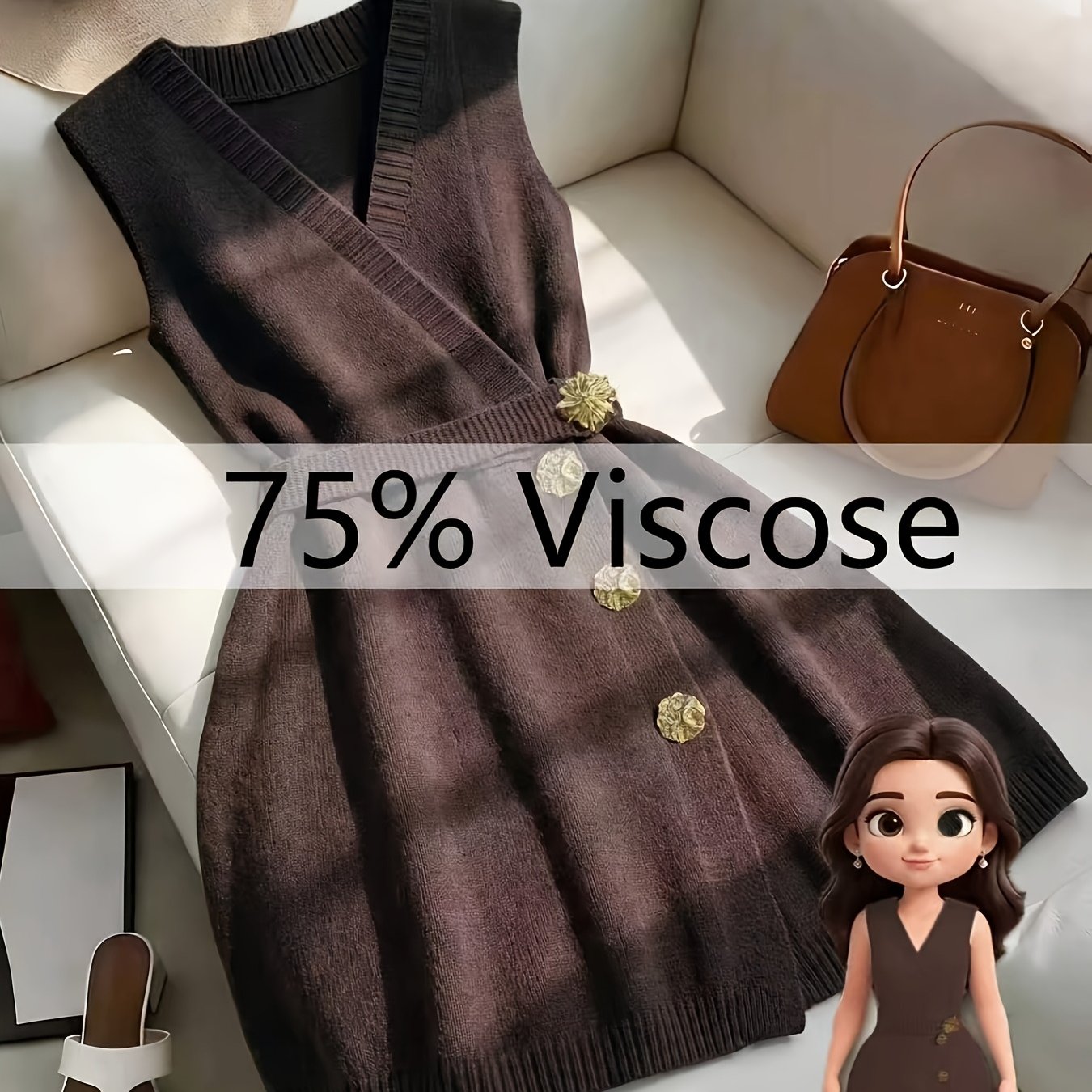 TEMU Vintage Floral Brooch Sleeveless Dress, High-waist Tummy Control A-line Hem Early Autumn Layering Overlay Skirt