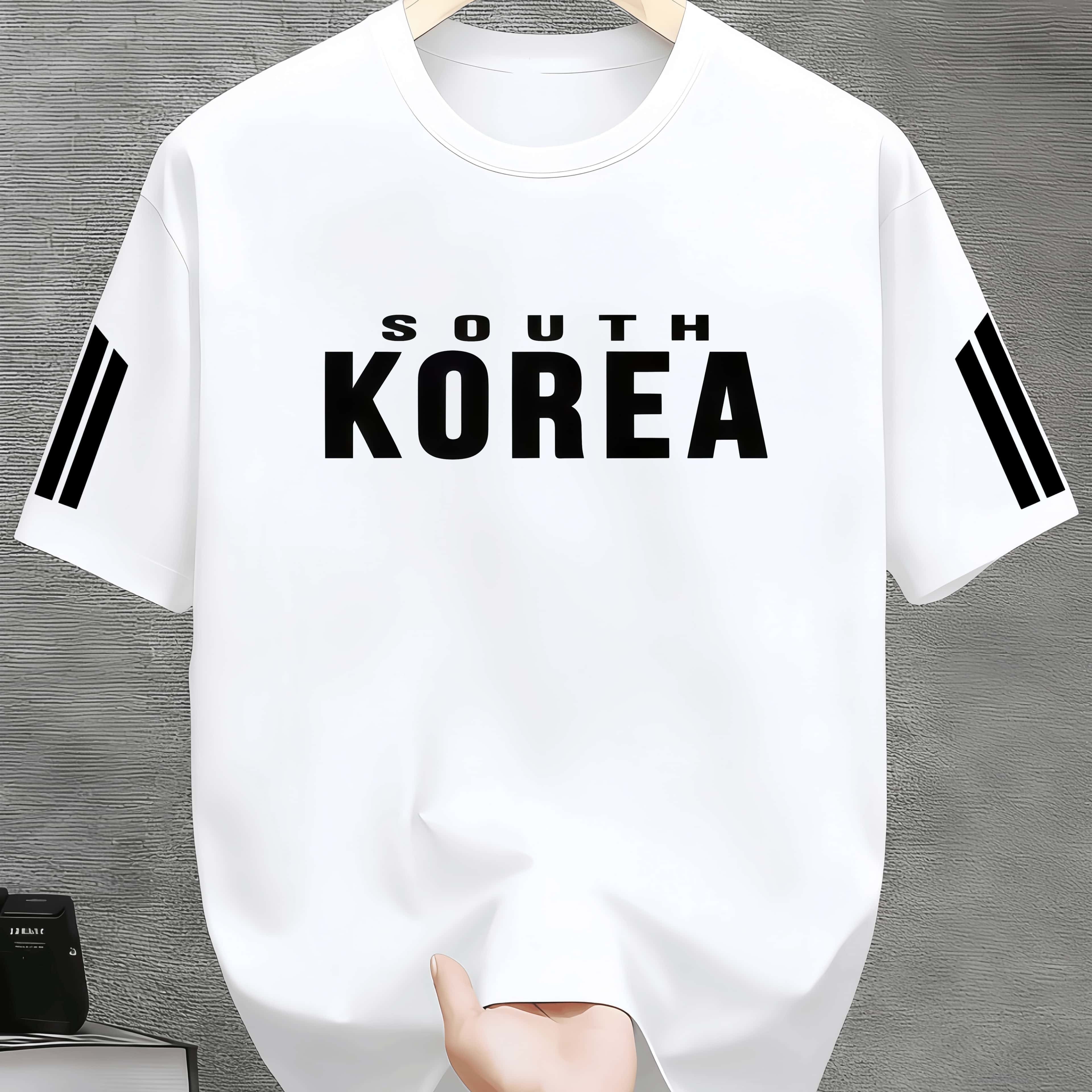 TEMU South Korea Minimalist Letter Short-sleeve T-shirt For Men, Double-stripe Korean Style Casual Breathable Crew Neck Half-sleeve Top