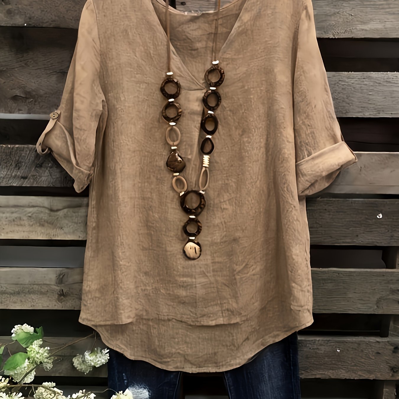 E-shop Leinenoberteil im Vintage-Stil mit V-Ausschnitt und kurzen Ärmeln (um die Ärmel einziehbar), locker sitzende Damen-Bluse im Freizeitstil,
