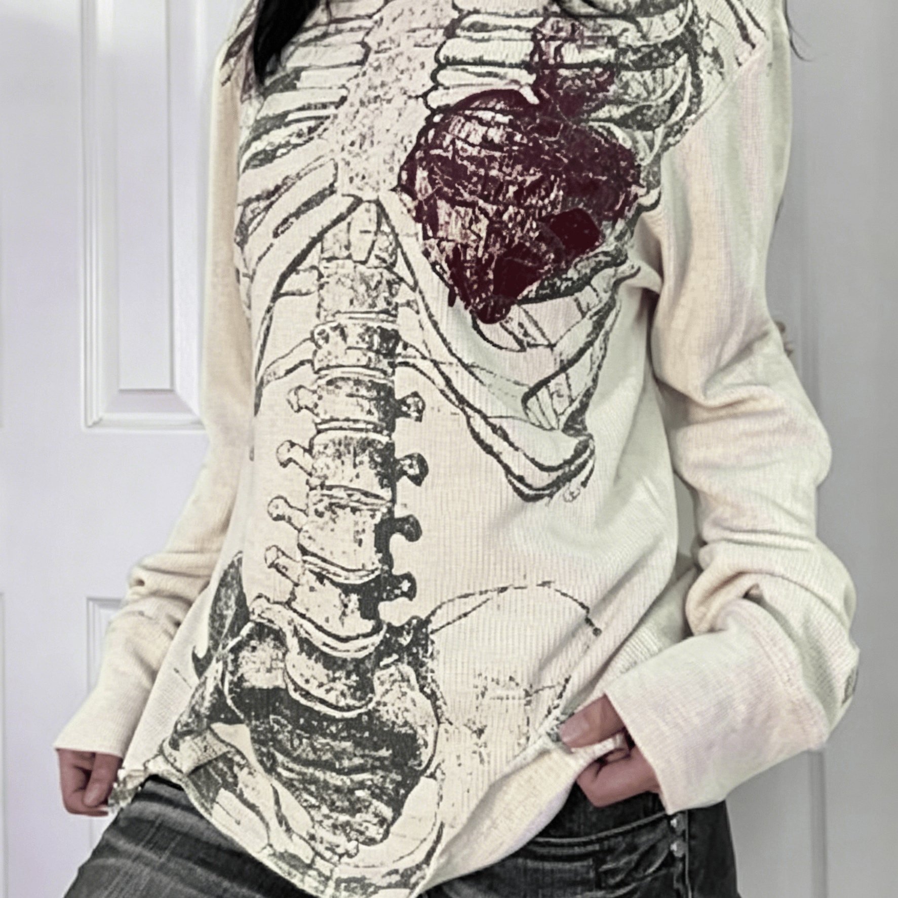 TEMU T-shirt à manches longues pour femmes, style , imprimé squelette, coupe slim, design niche, haut pêche Y2K ZCDX
