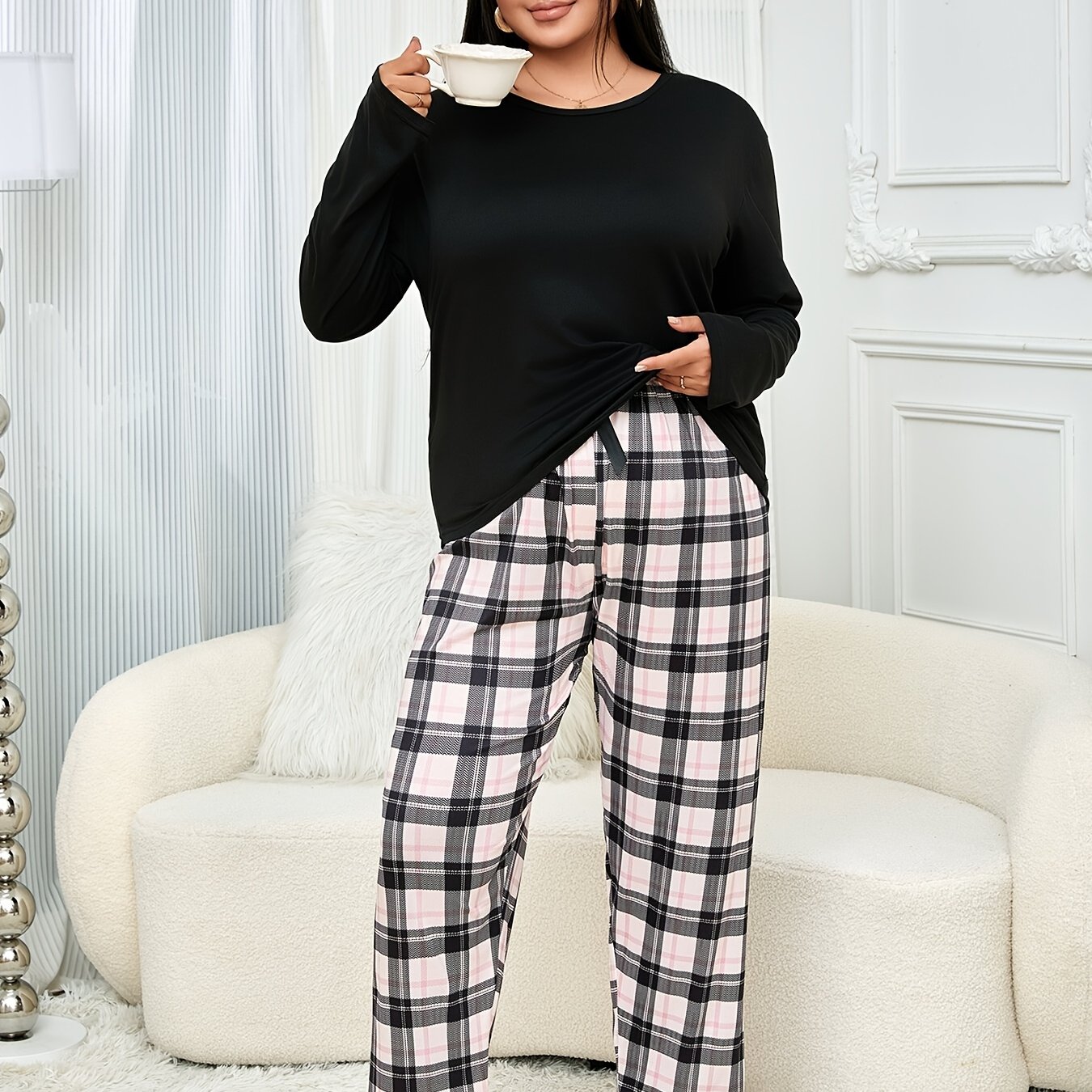 Image of Autumn And Winter Long Sleeve And Pants Pajama Set Black Long Sleeve Top And Full Print Pink Casual Elastic Drawstring Long Pants Set