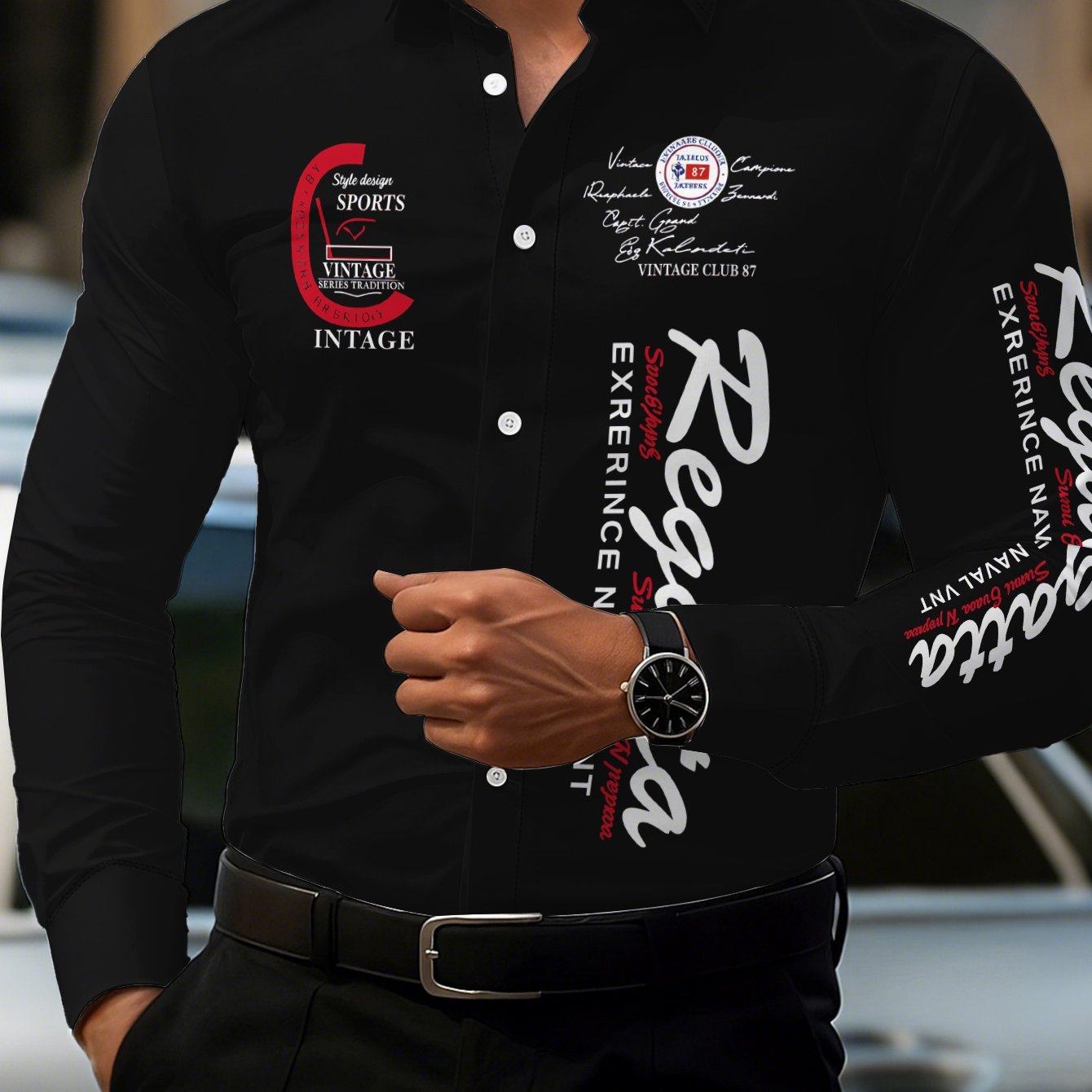 TEMU [print Design- Not Textured] Men's Fashionable Printed Long-sleeve Shirt With Trendy Letter Print, Casual Versatile Business Commuting Top, Plus