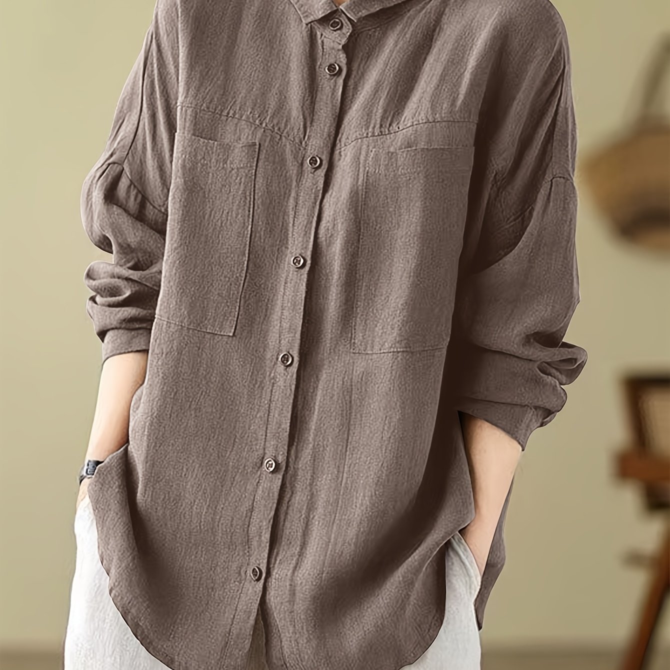 Loose Solid Color Open Collar Long Sleeve Shirt