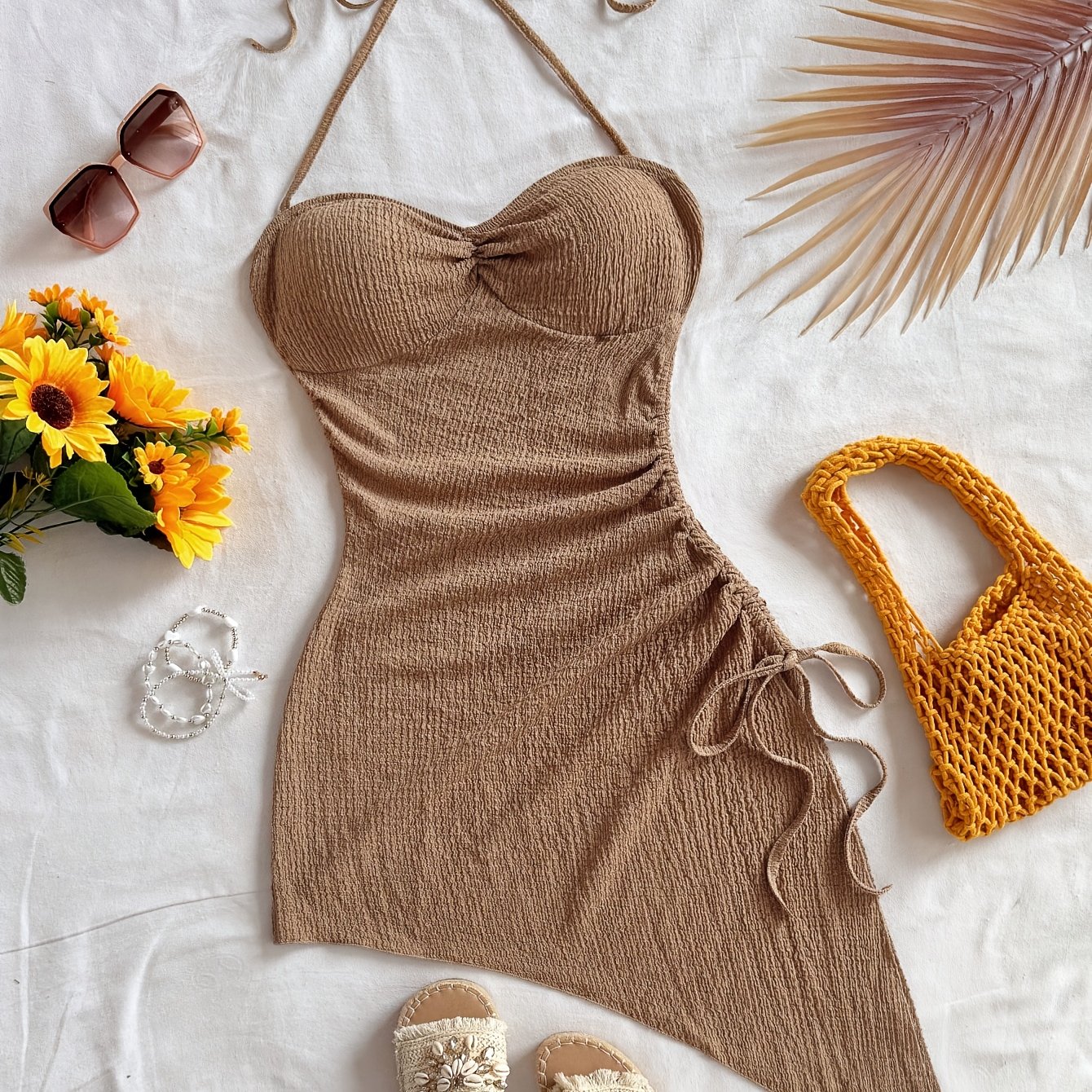 E-shop Damen Sommerurlaub Cami Kleid mit Bindeknoten, Khaki Textur, Asymmetrischer Saum, Unifarben, Seiten-Kordelzug verstellbar