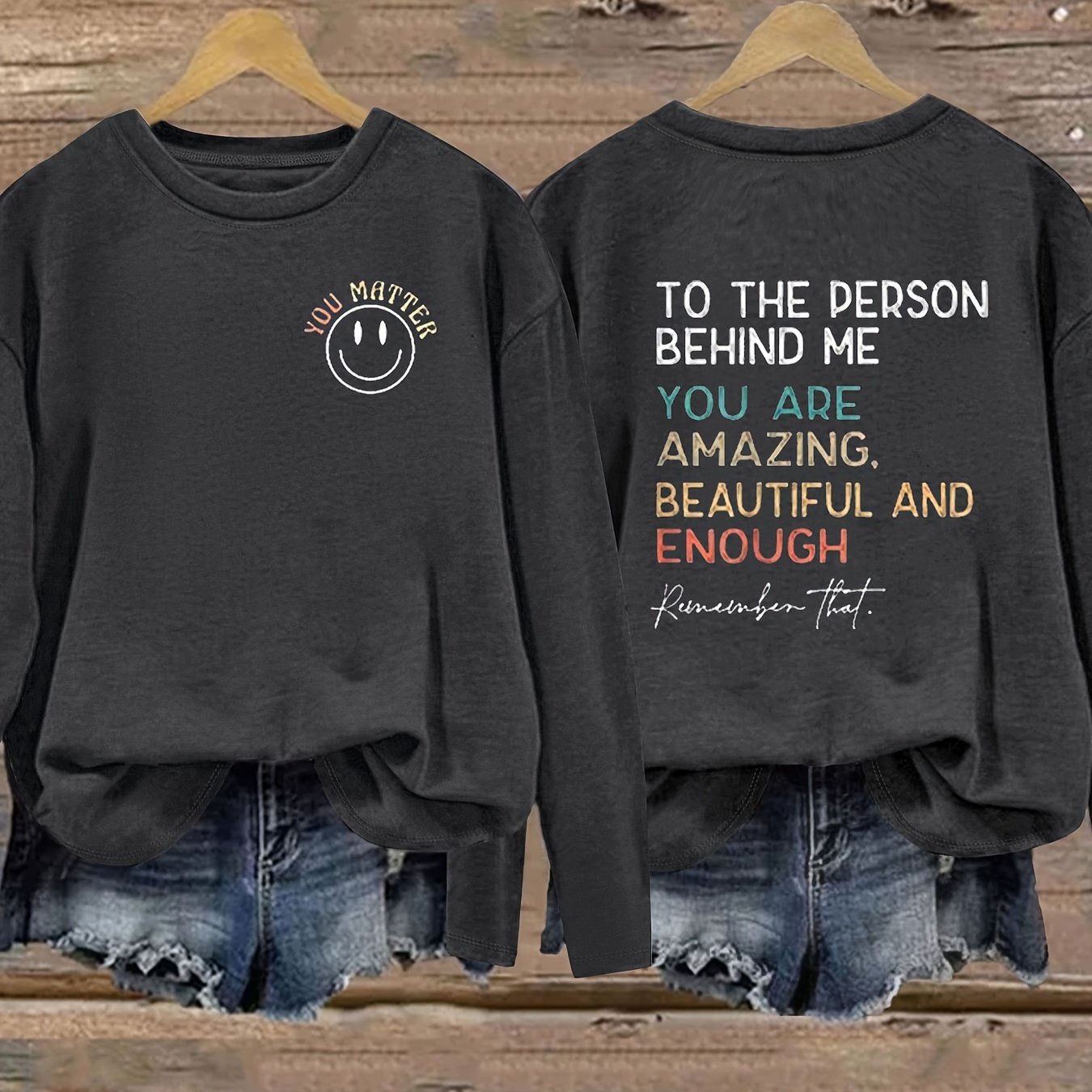 TEMU Smiling Face & Letter Print T-shirt, Casual Long Sleeve Top For Spring & Fall, Women's Clothing