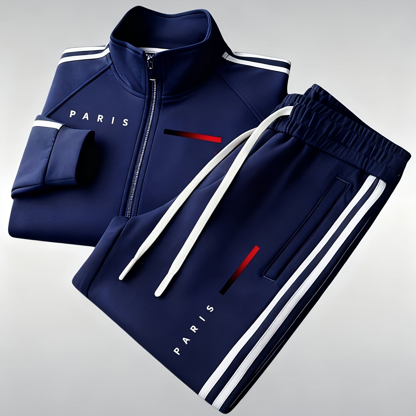 Image of Plus Size Men'-piece Sportswear Set - Parisian Pattern Zipper Collar Jacket And Tie Sweatpants, Striped Casual Attire, Suitable For Daily Wear, Casual Gatherings, And Street Style