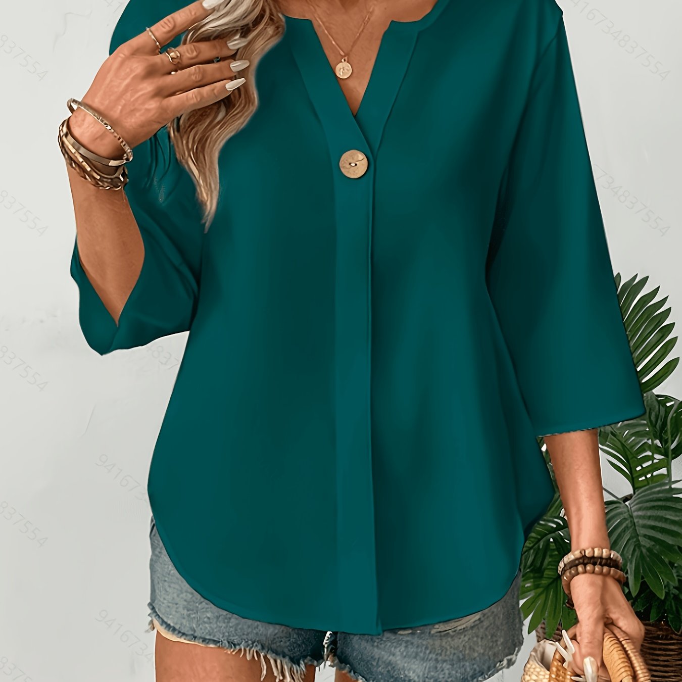 TEMU Solid Color V-neck Front Button Shirt
