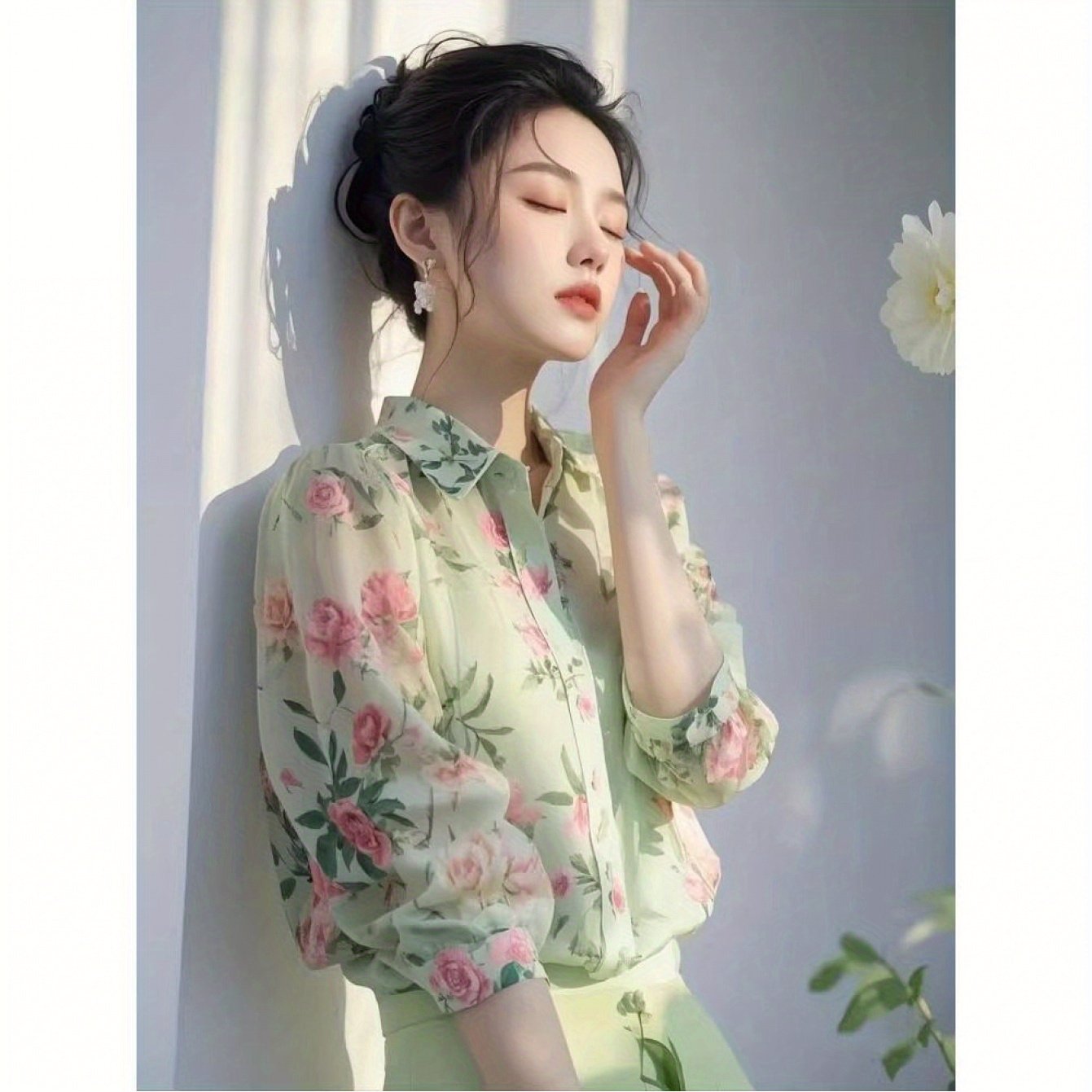 TEMU Trendy Elegant Green Floral Versatile Women's Shirt 2025 Summer New High-end Light Luxury Blouse