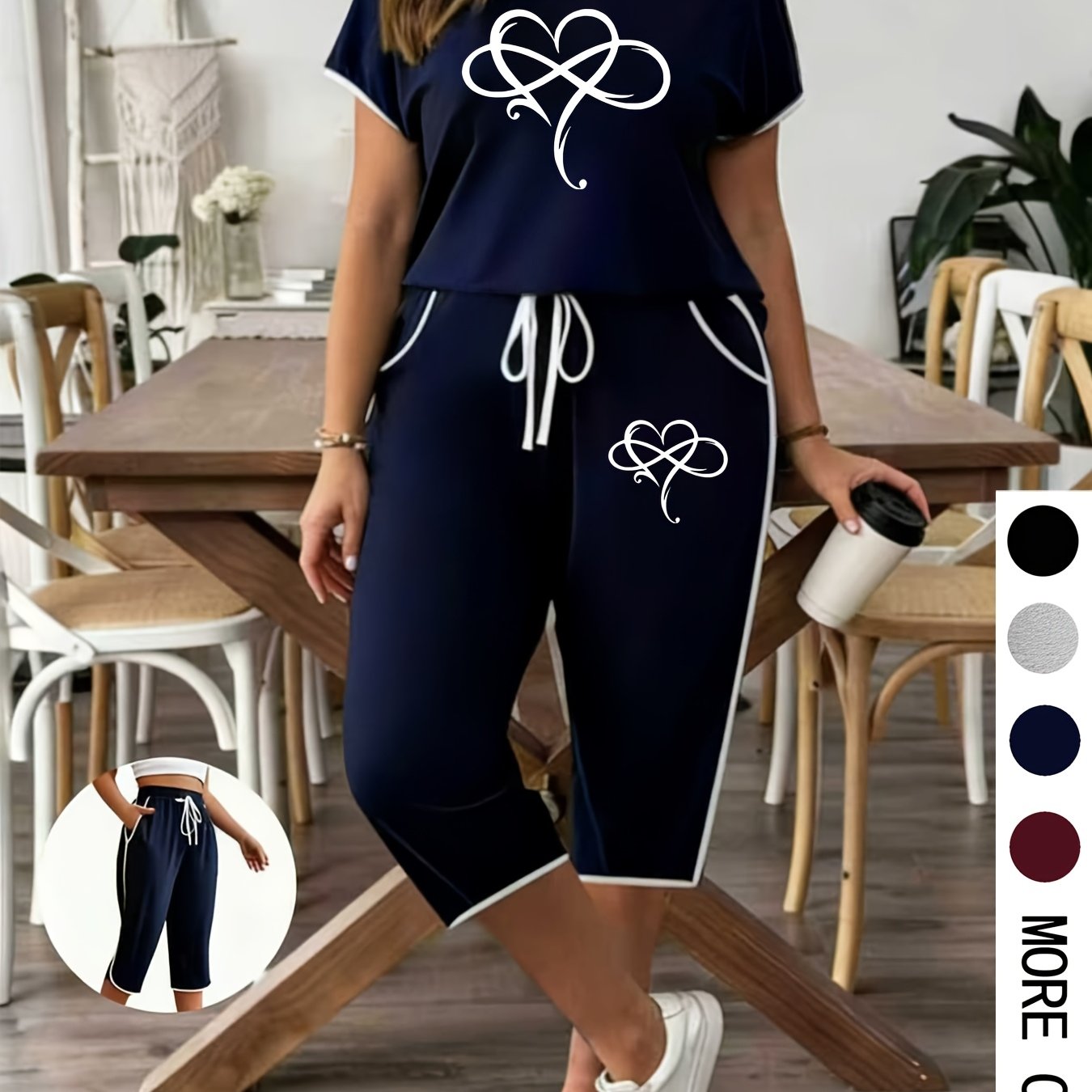 TEMU Grande Taille - Grande Taille - 1 Ensemble Printemps Été Mode Grande Taille Tenue Femme Manches Courtes Col Rond Imprimé Cœur Ruché Pantalon