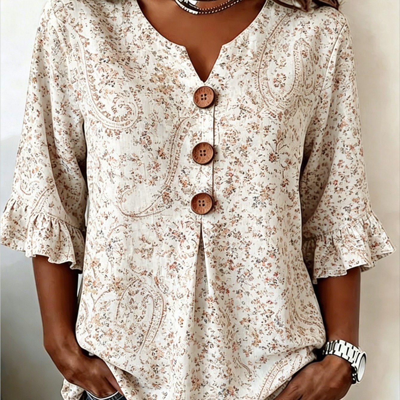 Plus Size - Plus Size - Plus Size Women's V-neck Button-style - Beige Floral Top, Suitable For Daily Wear And Summer Travel, Is For Mothers And Sisters
