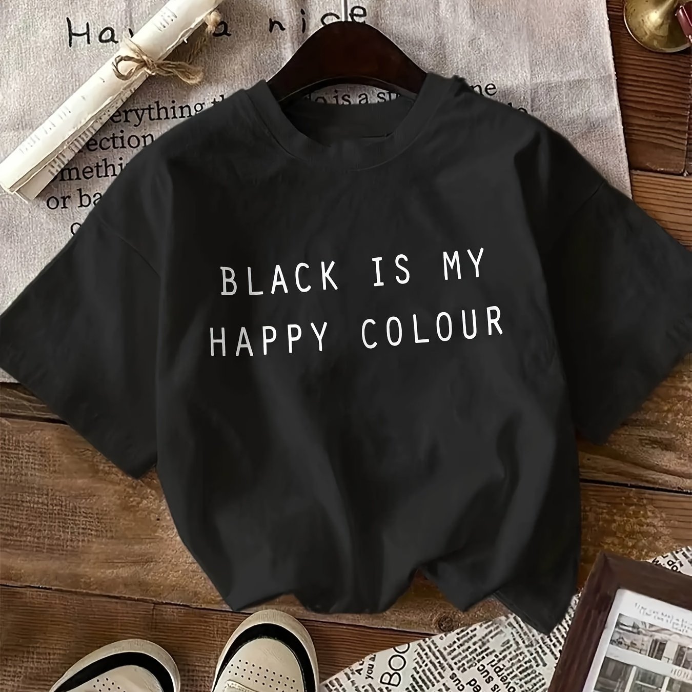 TEMU Women's 'black Is Color' Graphic - Statement Style Soft Everyday Top Casual Fashion Wear Trendy Letter Design Comfortable Texture Machine
