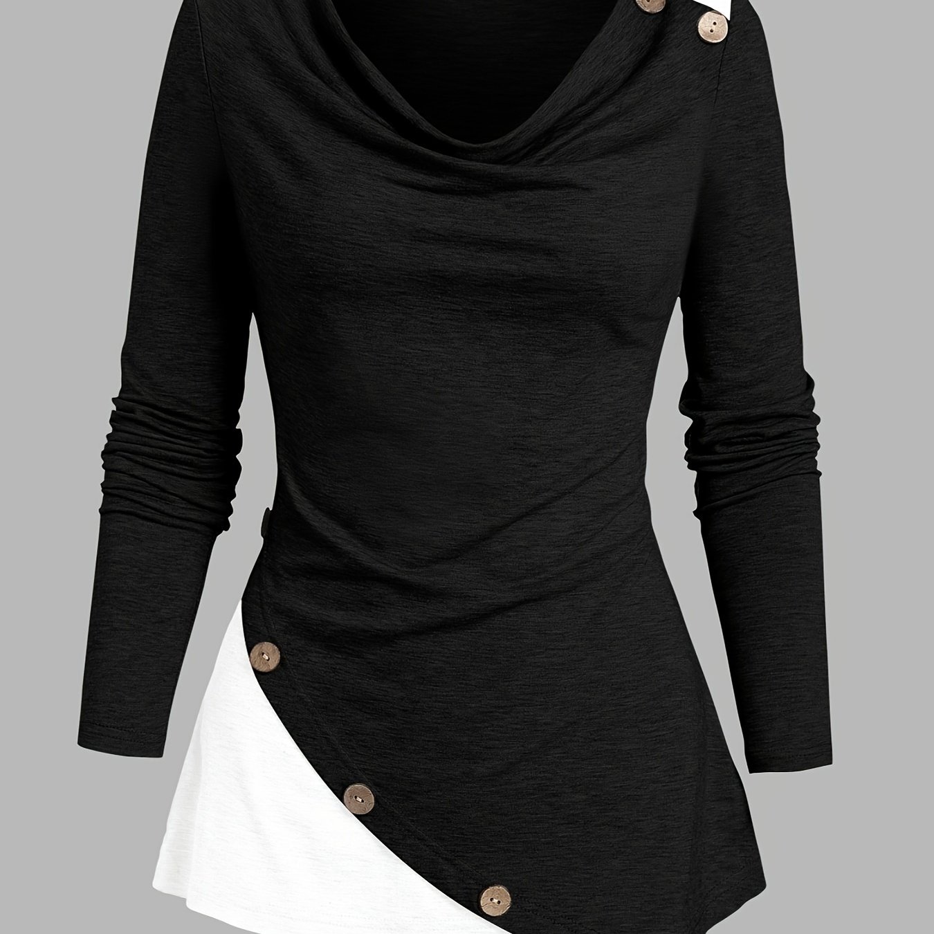 Image of Autumn And Winter Women's Clothing, Casual Retro , Solid Color, Pullover Color-blocking Long-sleeved Swing Collar Asymmetrical Button, Women's T-shirt, Long-sleeved Women's T