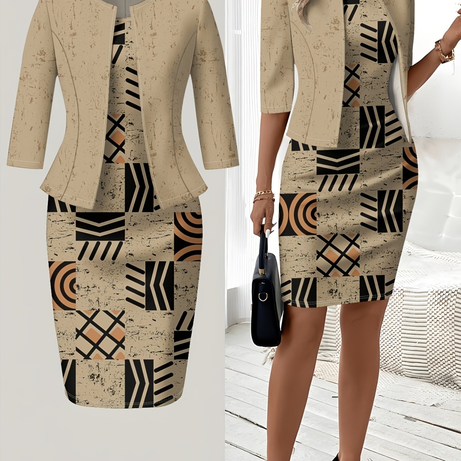 E-shop Bedrucktes Design Herbst- und Winterstile Lässiger Stil Geometrisches Tribal Muster Druck Design Rundhals Kleid Anzug