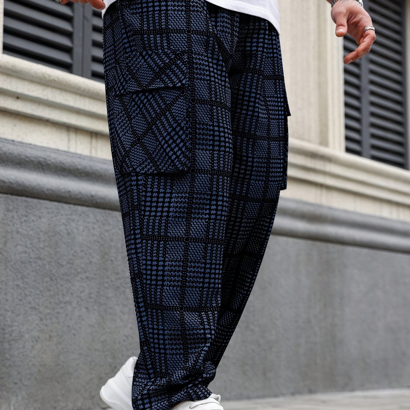 Image of Men's Plus Size Cargo Pants, Drawstring Loose Straight Leg Multi Pocket Casual Trousers, Streetwear Daily Sweatpants, Plus Size