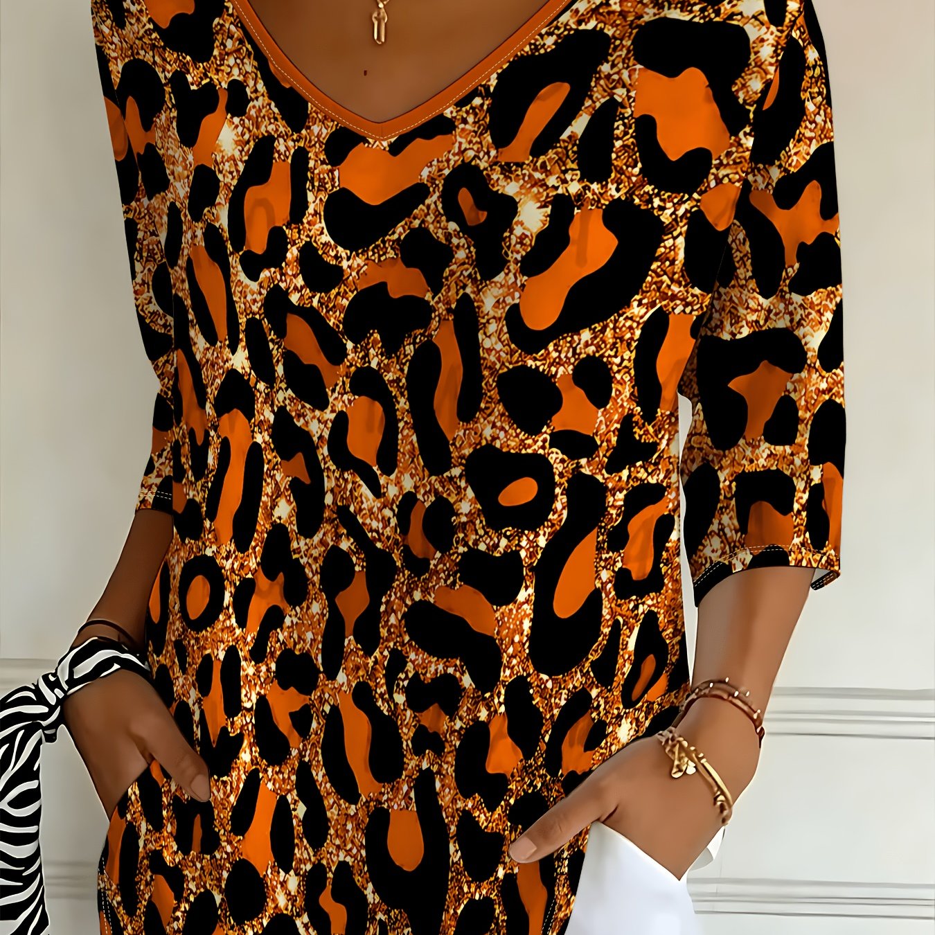 TEMU Orange, Black, And Print Print Women's Elegant V-neck Three-quarter Sleeve Loose