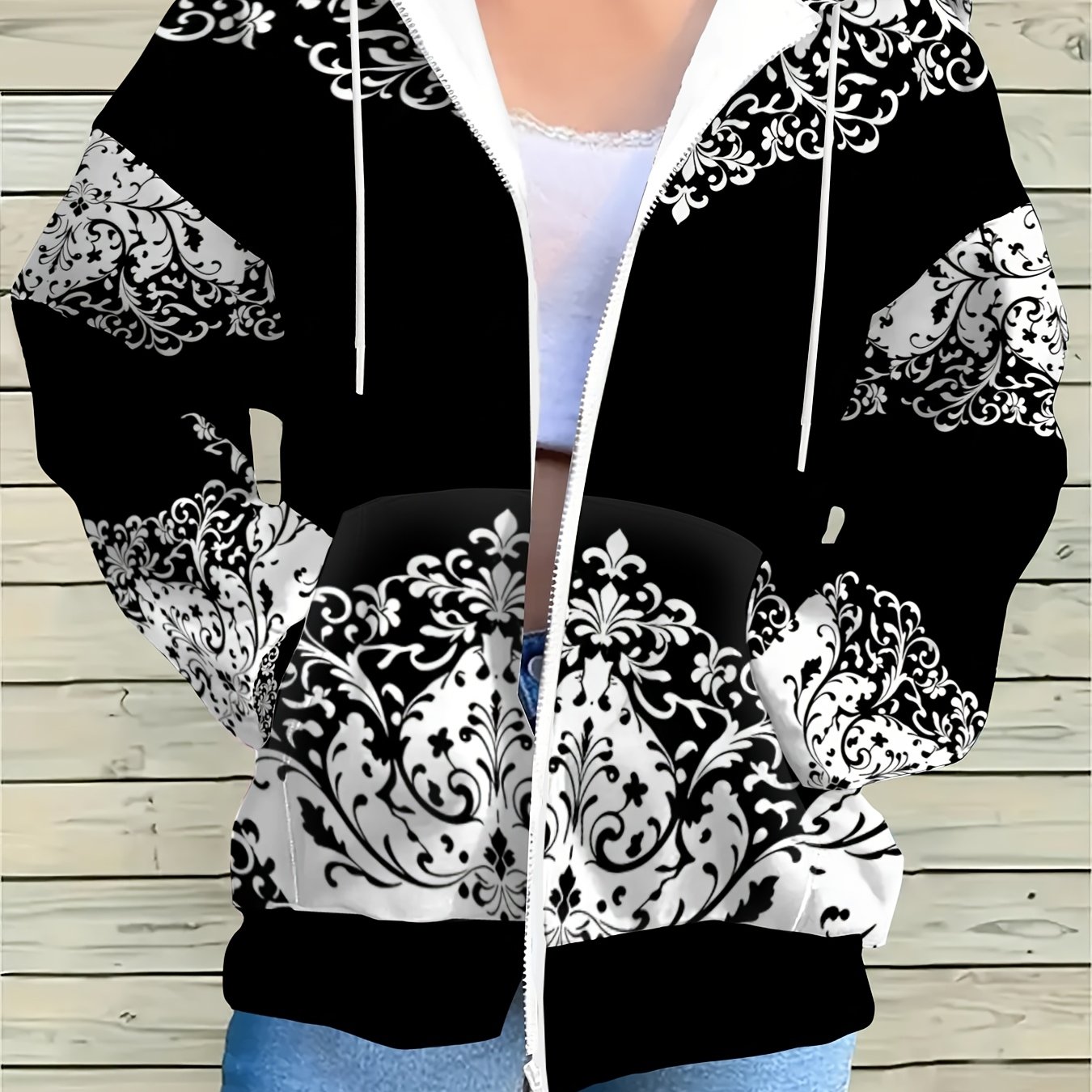 TEMU Women's Casual Zipper Hoodie, Printed Pattern Sweatshirt, Machine Washable Comfortable Lining, Autumn Winter Warm Pullover, Cute Design,