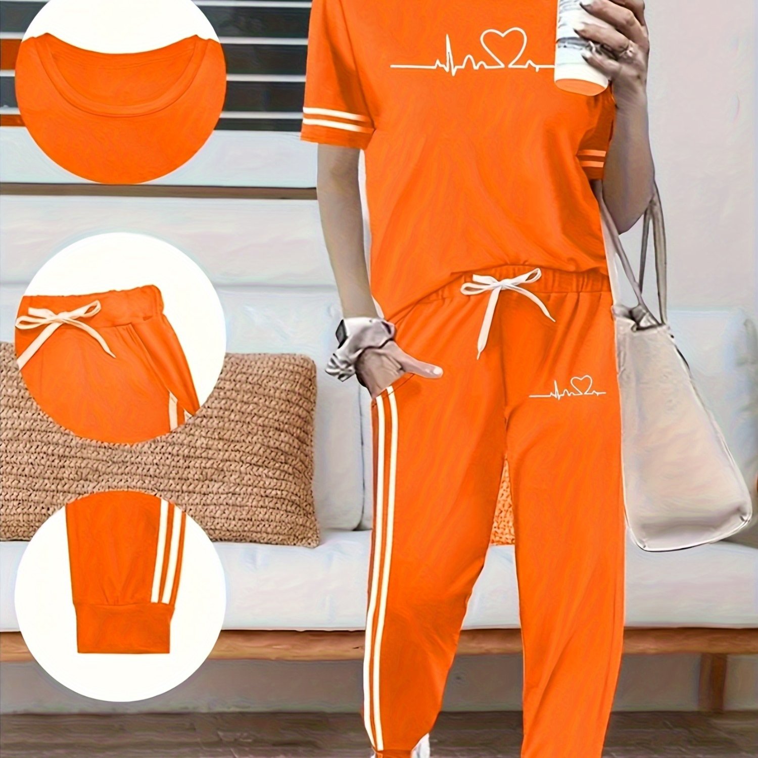 Image of 3506z10 Women's Spring Summer 2pcs Set Round Neck Short Sleeve High Waist Side-pocket Long Pants Women's Set