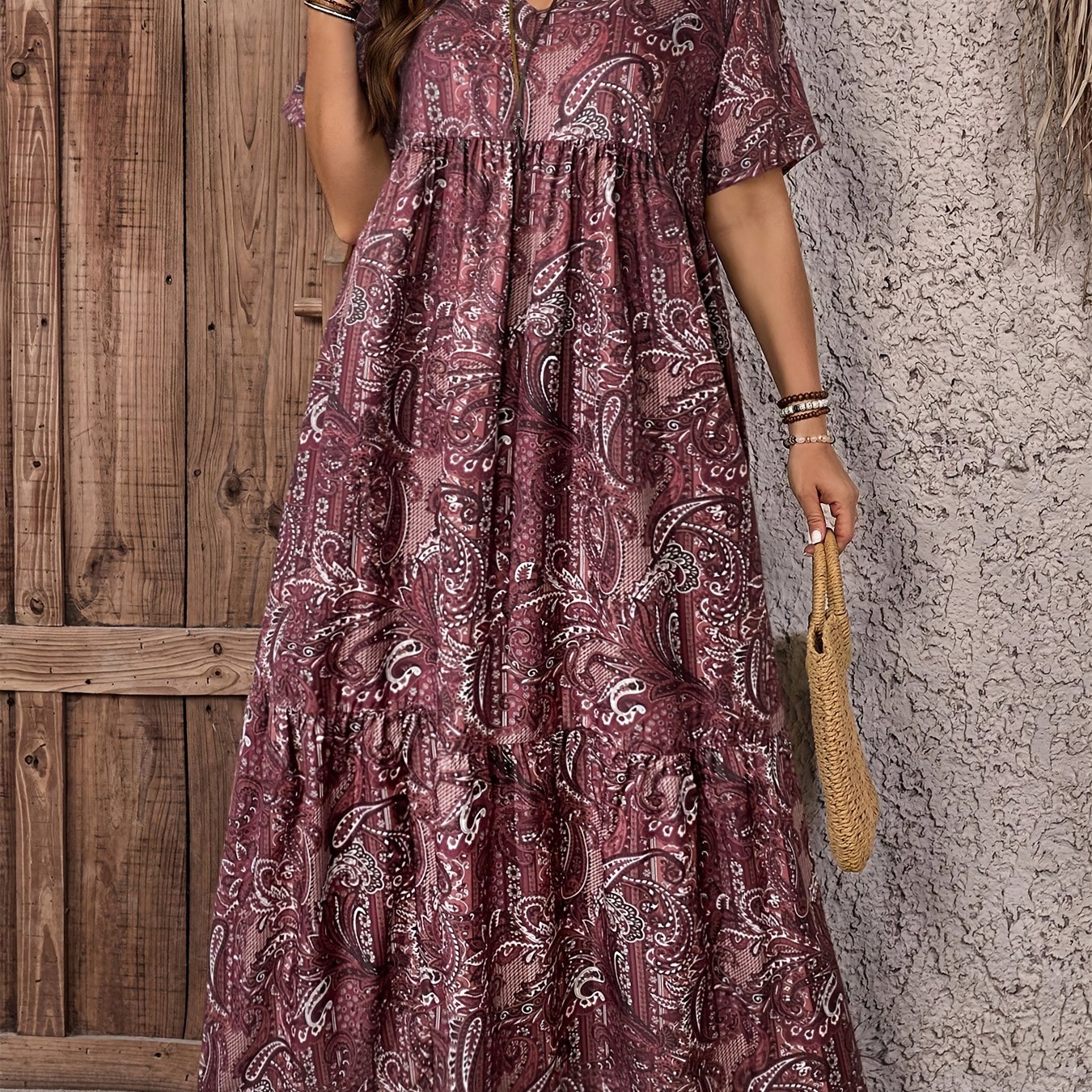 TEMU Plus Size - Plus Size - Plus Size Women's Dress, Easy Floral Print Short Sleeve Loose Long Dress, Gift For Mom, , Women's Vacation Wear, ,
