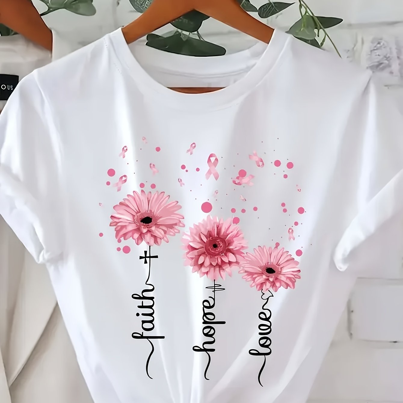 TEMU Women's Casual Short Sleeve T-shirt With Floral & Inspirational Print - Faith Love , Soft Polyester, Relaxed Fit Round Neck, Semi-sheer Top For