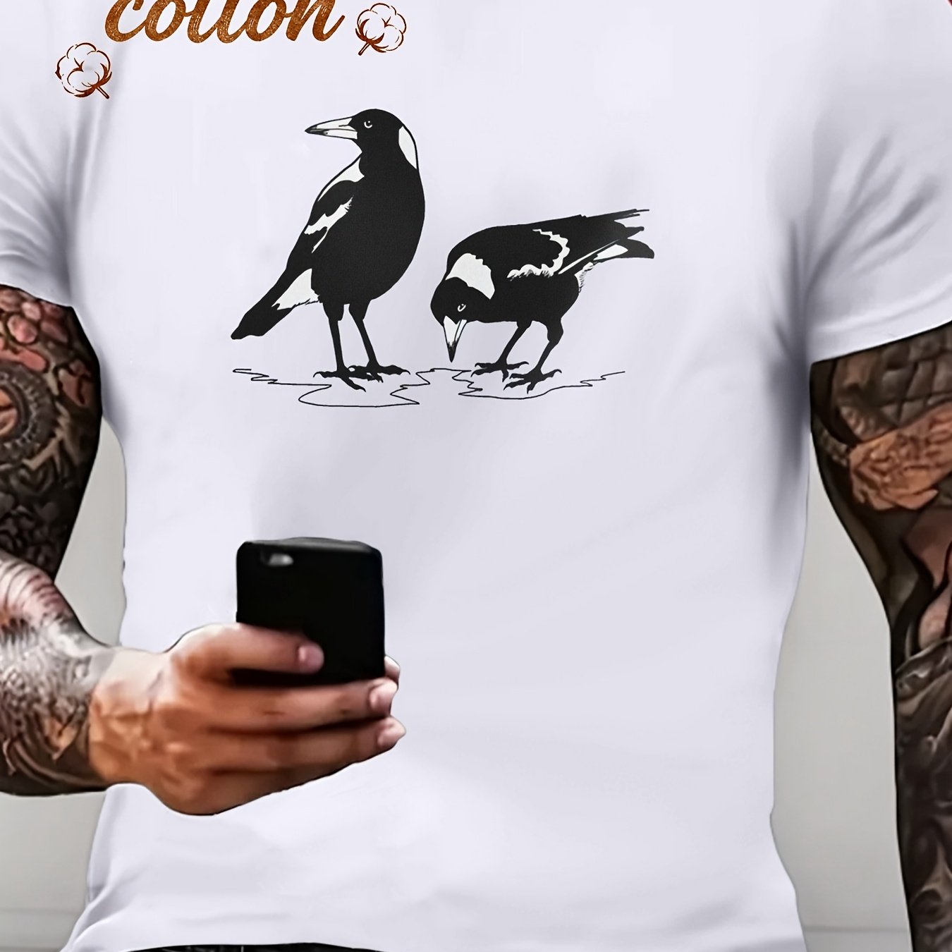 TEMU 1pc Men's Casual T-shirt With Australian Magpie Graphic Print Breathable Knit Fabric Round Neck 200g Men's And Women's 100% T-shirt
