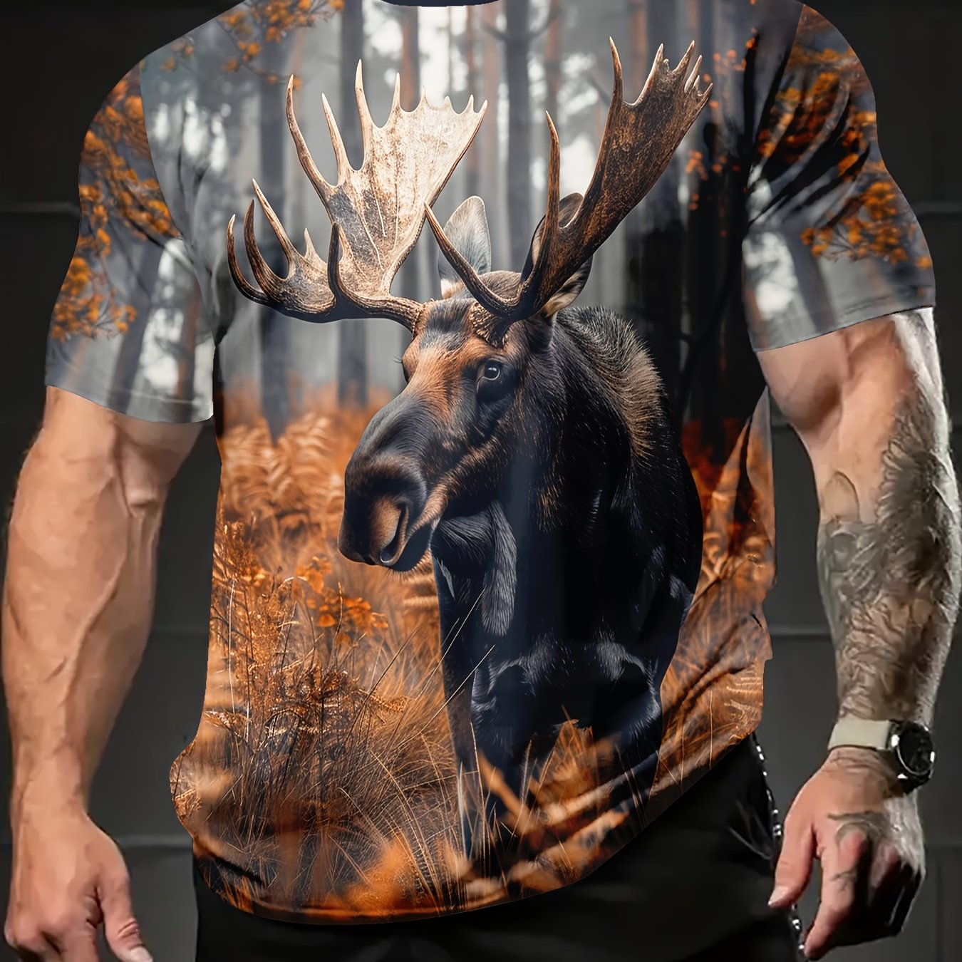 TEMU Summer New Arrival Realistic Forest Moose Print Men's Casual Short-sleeve T-shirt (printed Design - Not Textured / 2d Printing)