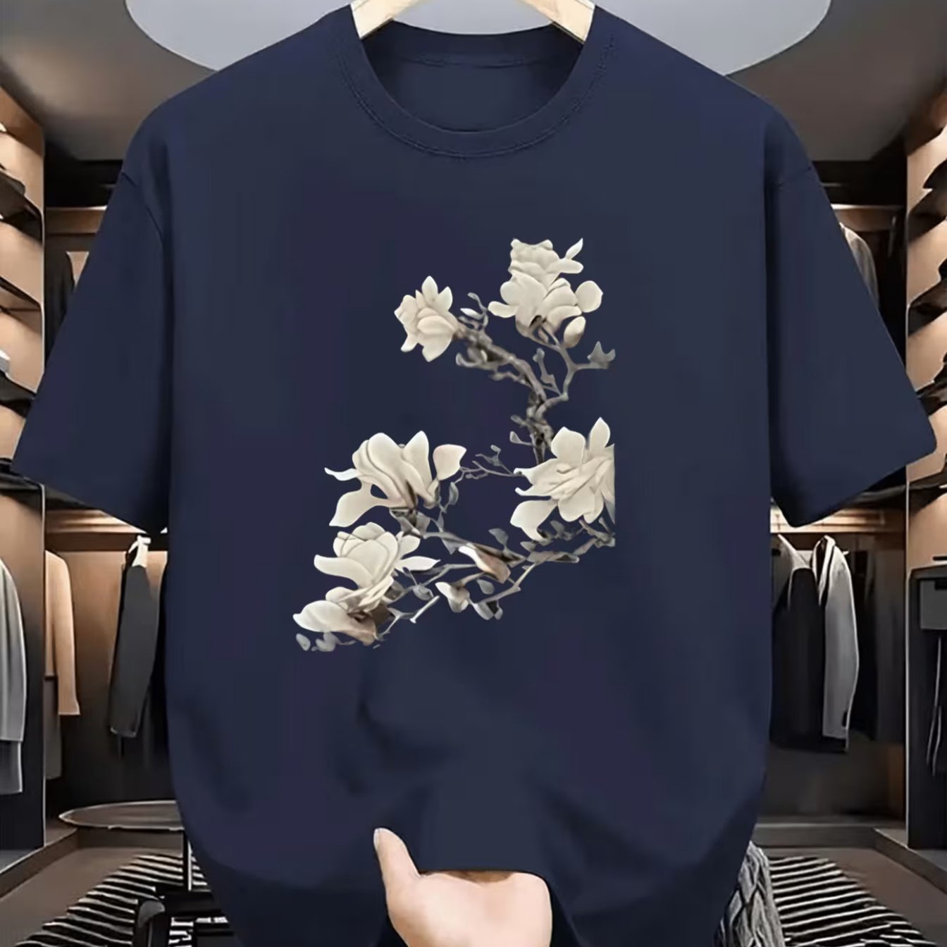 TEMU Men's Chinese Ink Wash T-shirt - Oriental Floral Print Short Sleeve Round Neck Top, Breathable Polyester Fabric Suitable For Summer, Casual Wear