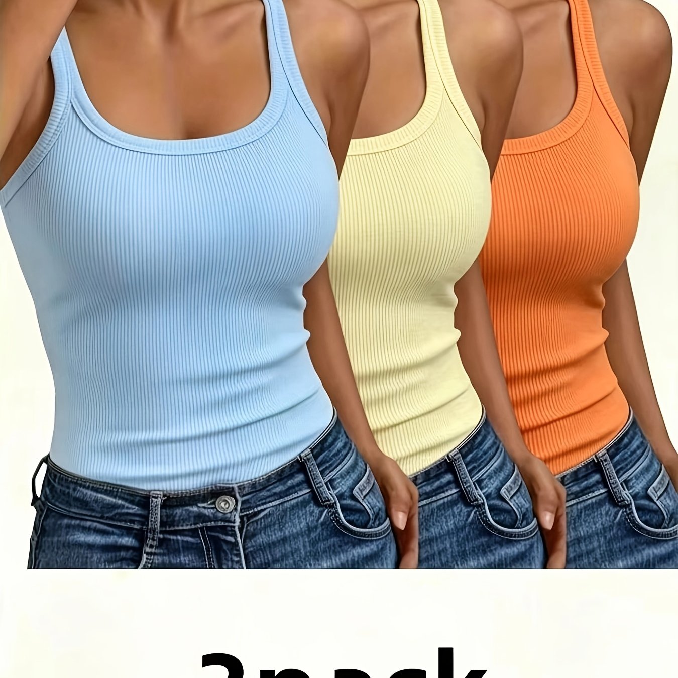 3pcs Women's Ribbed Stretch Spaghetti Strap Tank Top, Slim Fit Sleeveless , Versatile Layering Base Layer Top