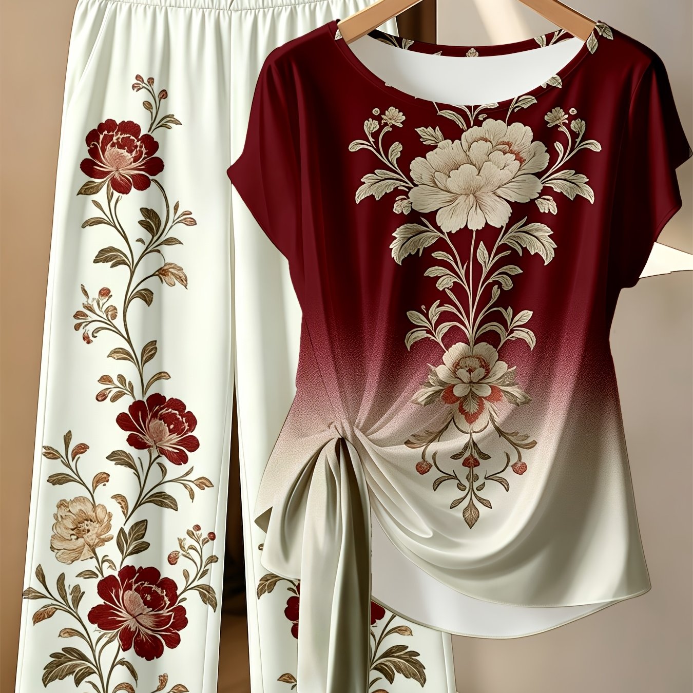 TEMU Plus Size Women Peony Design Gradient Floral Print Cozy Suit, Tie Bow Blouse And Straight Leg Loose Pants 2pcs Set, 2pcs Summer Outfit, Womens