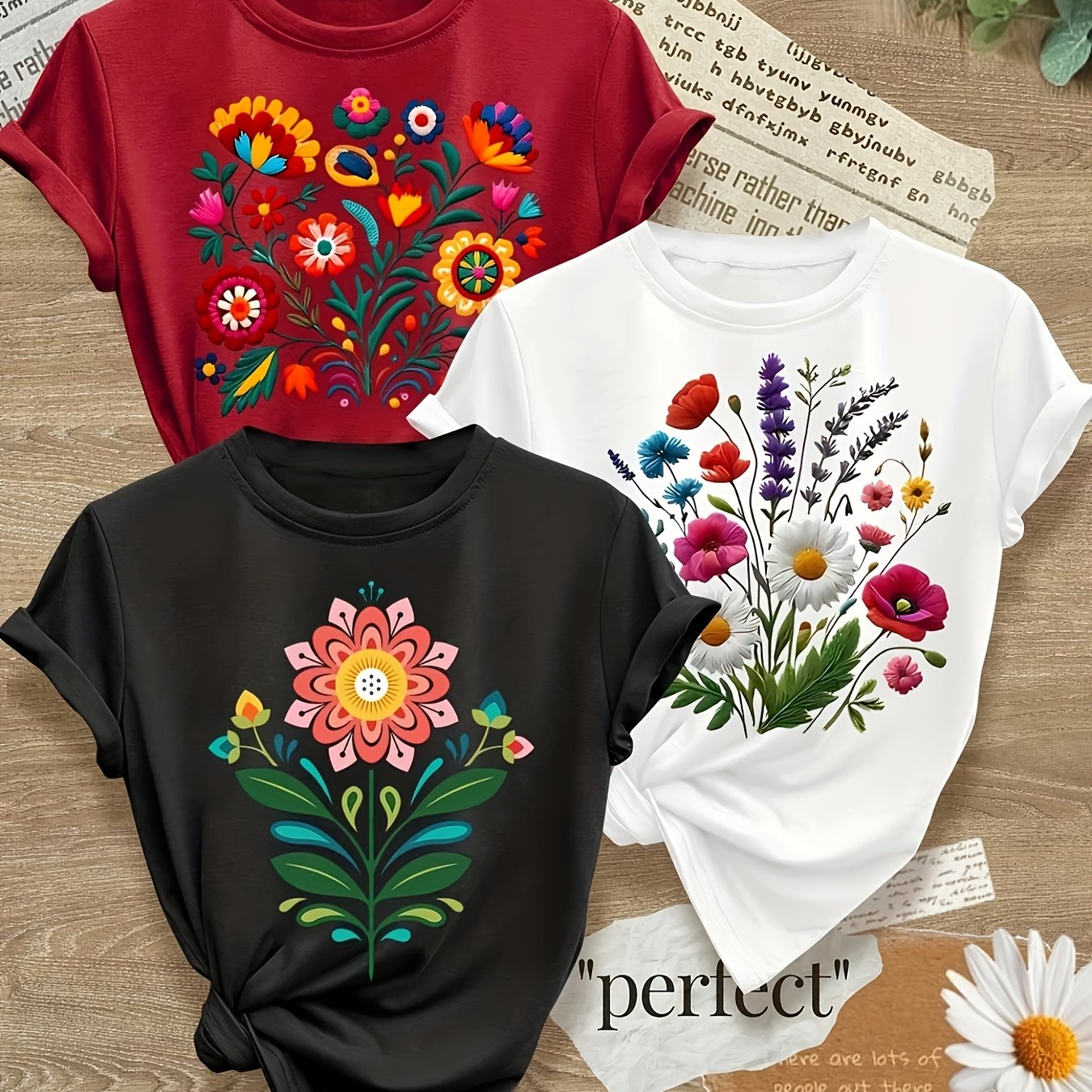 TEMU 3pcs Women's Bohemian Floral Print Short Sleeve T-shirts - Loose Fit Round Neck Summer Tops With Vibrant Graphic Designs, Plus Size 1xl-5xl,