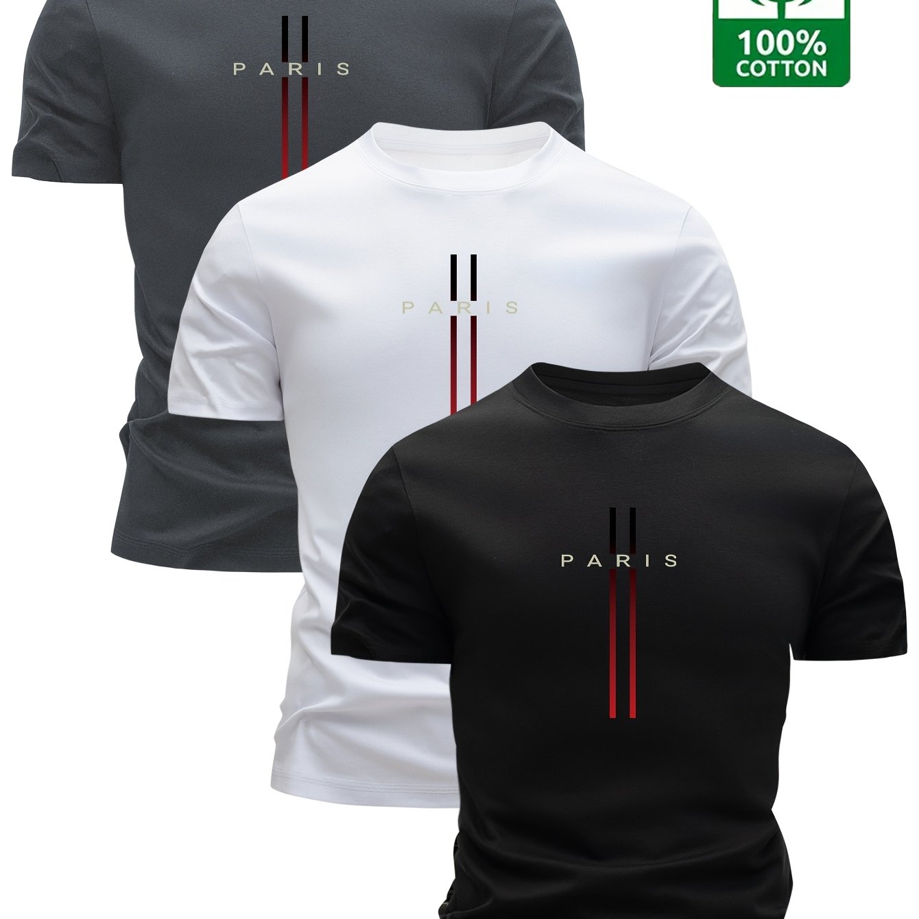 Set Of 3 100% T-shirts For Men, Casual Round Neck Short Sleeves, Breathable Fabric - A Summer Essential