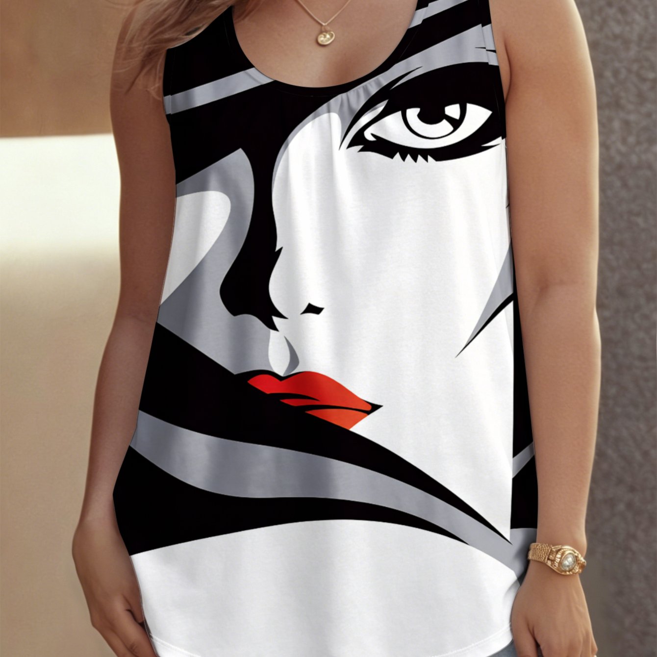 Image of Plus Size - Women's Plus Size Crew Neck Sleeveless Tank Top, Sizes 0xl-9xl Abstract Fashionable Crew Neck, Sleeveless Suitable For , Beach And Travel, Stylish Sexy Outfits For Women