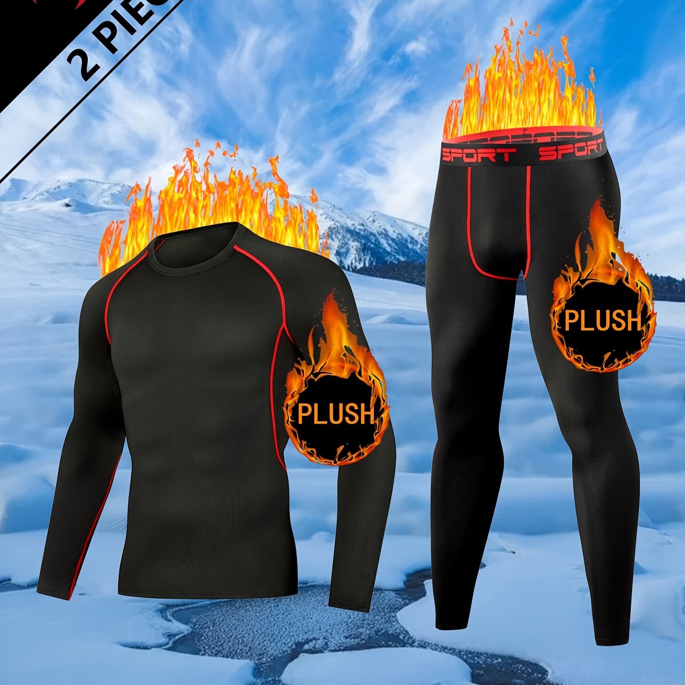 Image of 2pcs Fleece Men's Thermal Underwear Compression Exercise And Running, And Thick Outdoor Skiing Leggings